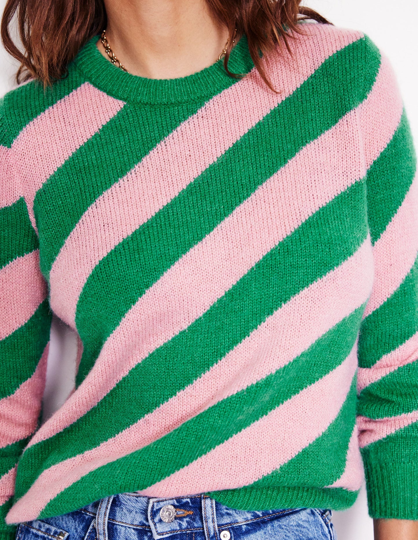 Fluffy Diagonal Stripe Sweater-Party Pink, Rich Emerald Green