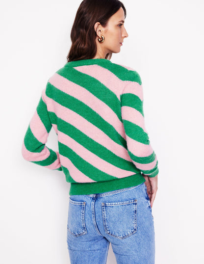 Fluffy Diagonal Stripe Sweater-Party Pink, Rich Emerald Green