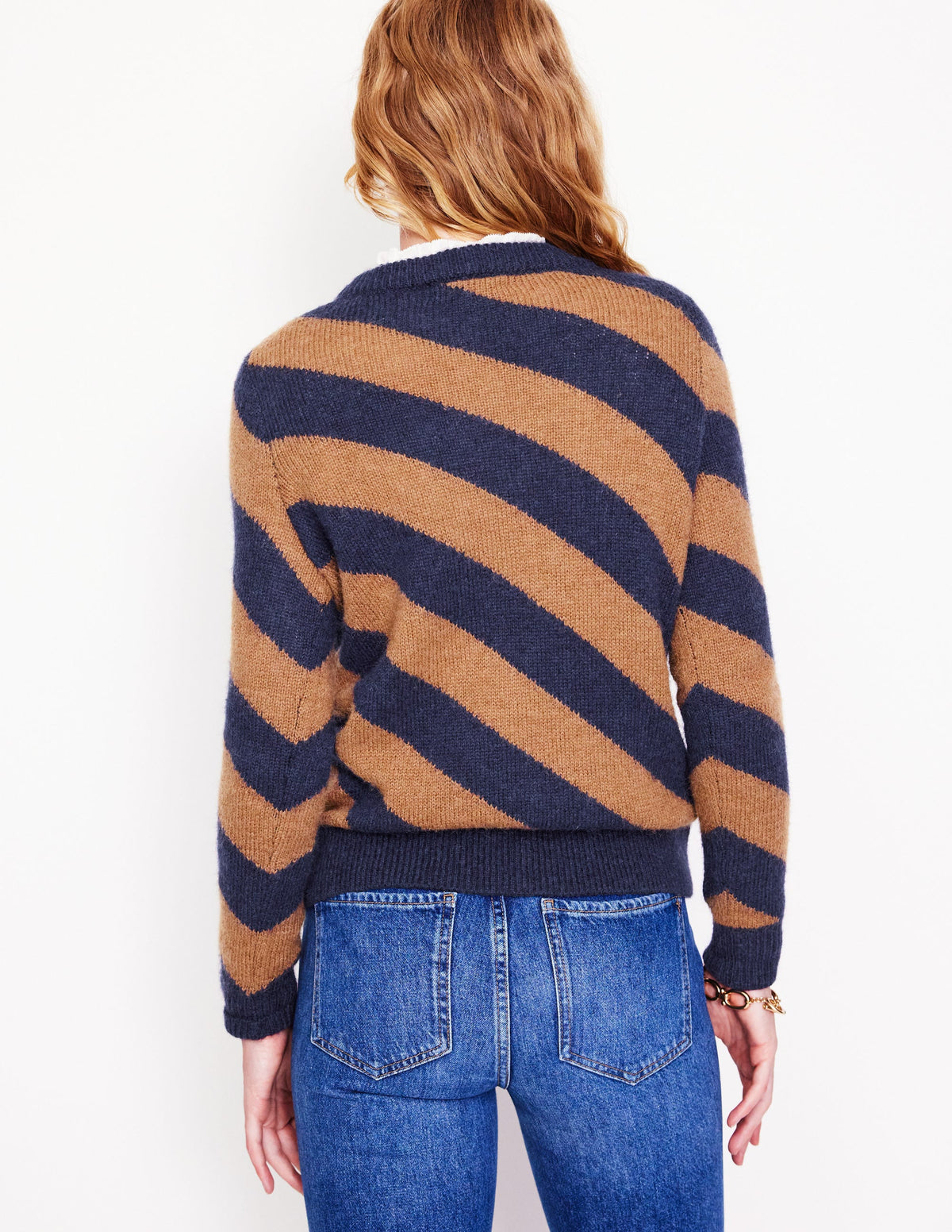 Fluffy Diagonal Stripe Sweater-Camel/ Navy - Image 3