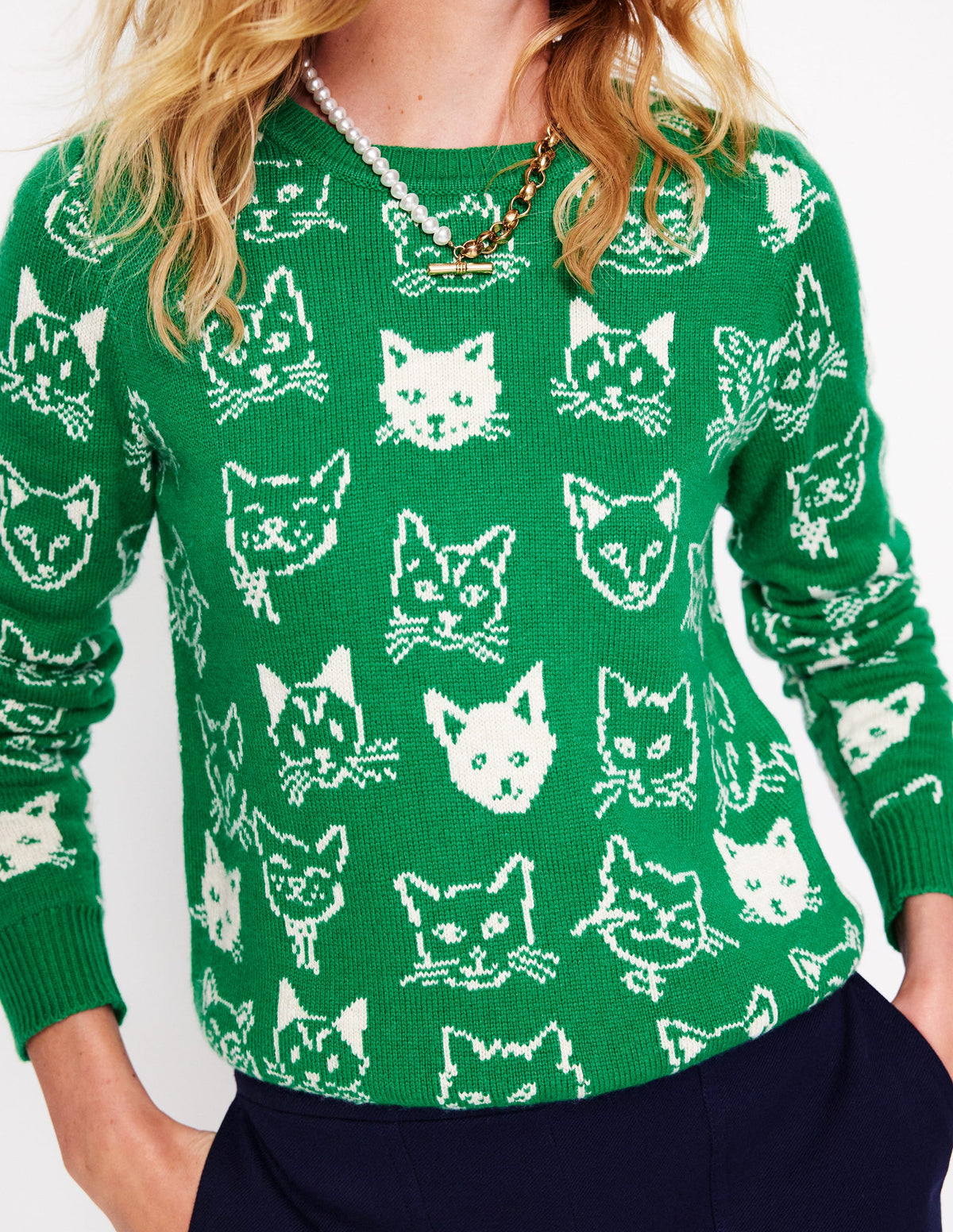 Heather Jacquard Sweater-Rich Emerald Green, Cats - Image 2