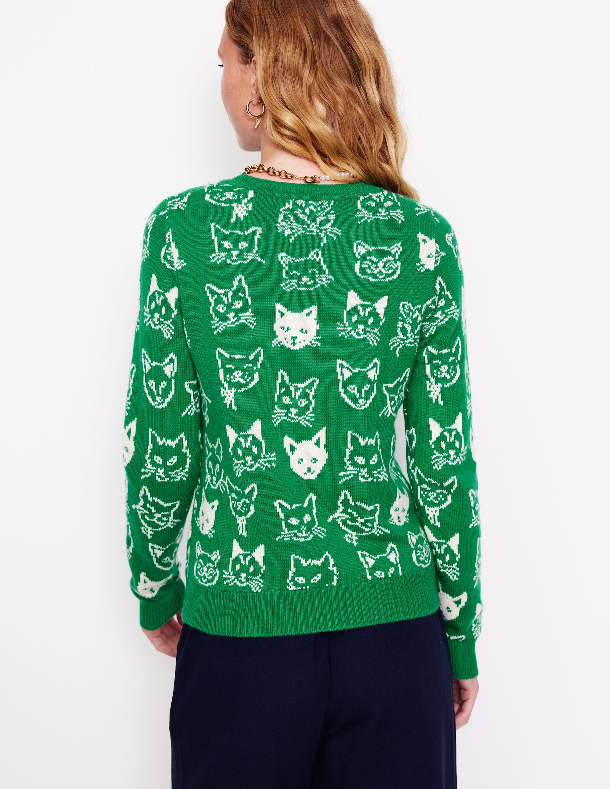 Heather Jacquard Sweater-Rich Emerald Green, Cats - Image 3