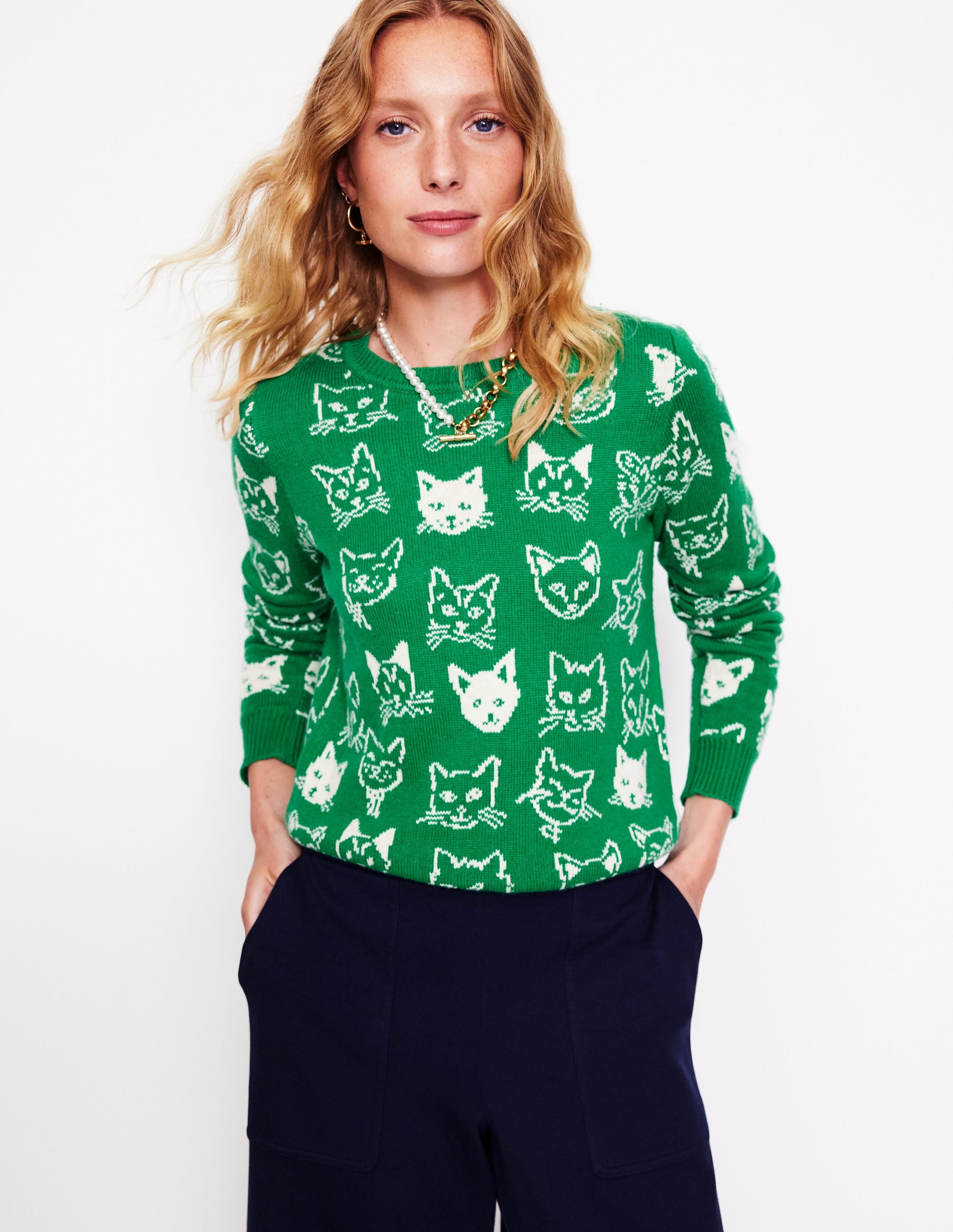 Heather Jacquard Sweater-Rich Emerald Green, Cats - Image 4