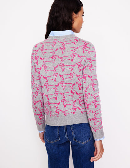 Heather Jacquard Sweater-Grey Marl, Pink Sausage Dog