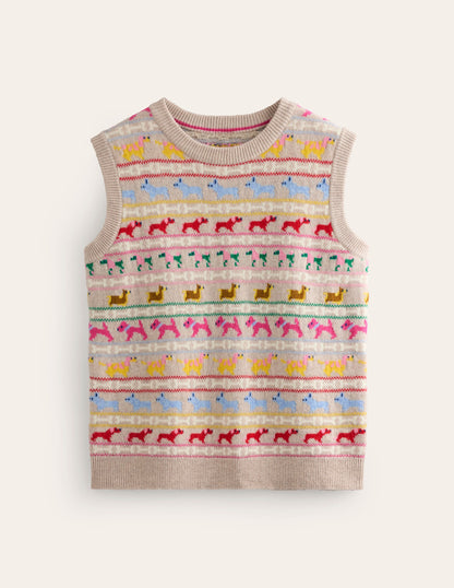 Edie Fair Isle Sweater Vest-Oatmeal Melange, Multi Dogs