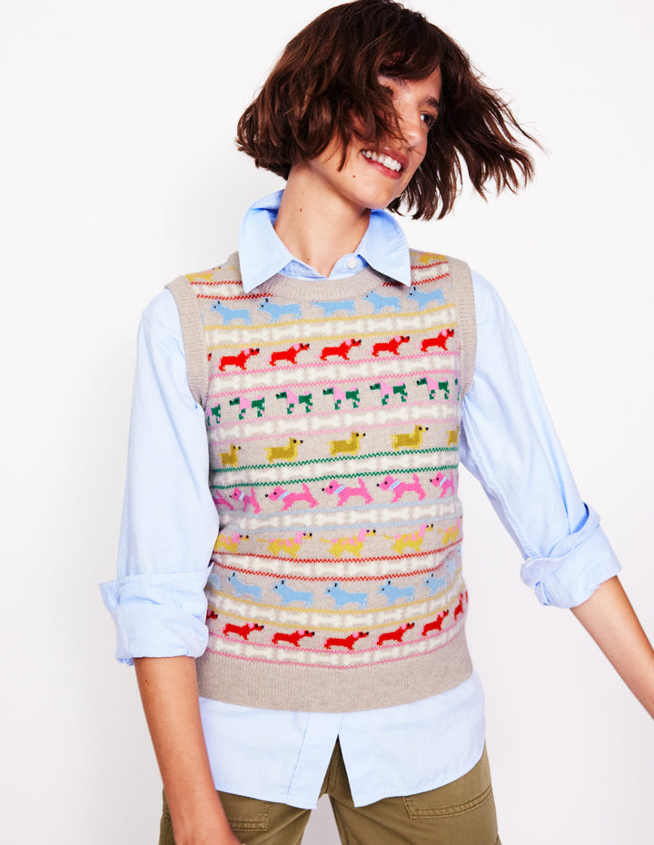 Edie Fair Isle Vest-Oatmeal Melange, Multi Dogs
