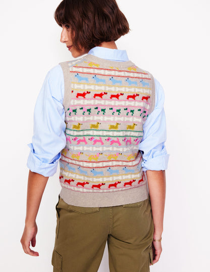 Edie Fair Isle Sweater Vest-Oatmeal Melange, Multi Dogs