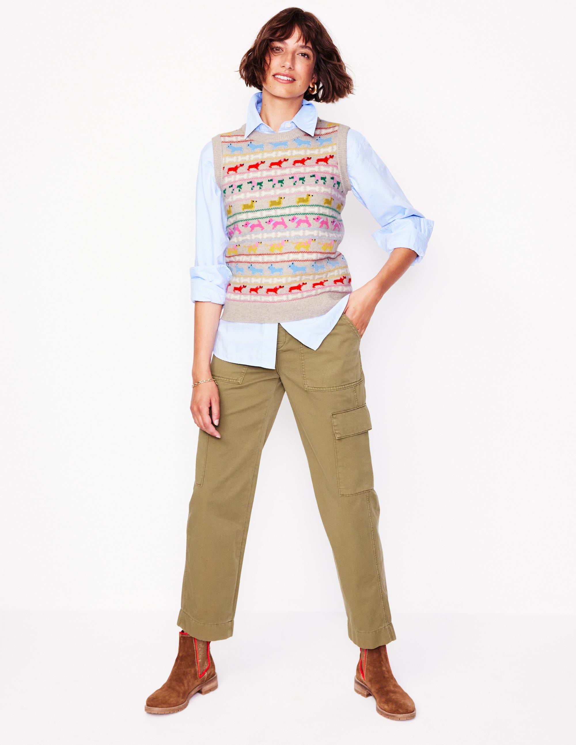 Edie Fair Isle Vest-Oatmeal Melange, Multi Dogs - Image 4