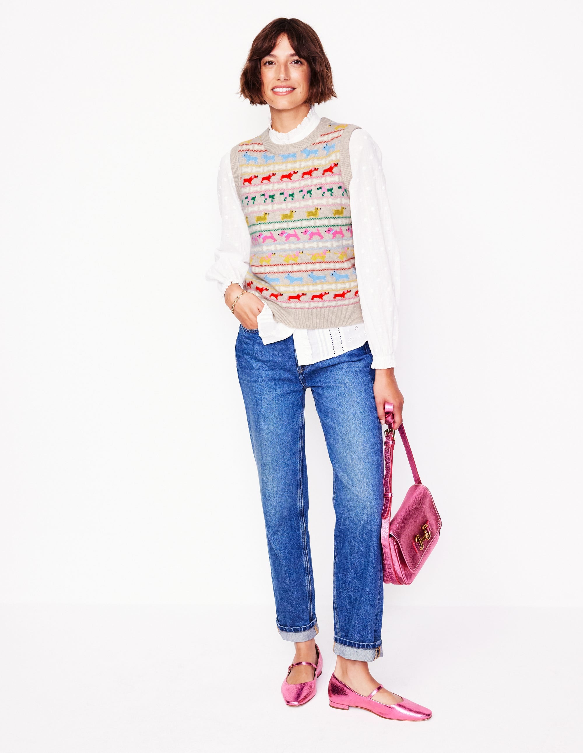 Edie Fair Isle Vest-Oatmeal Melange, Multi Dogs - Image 6