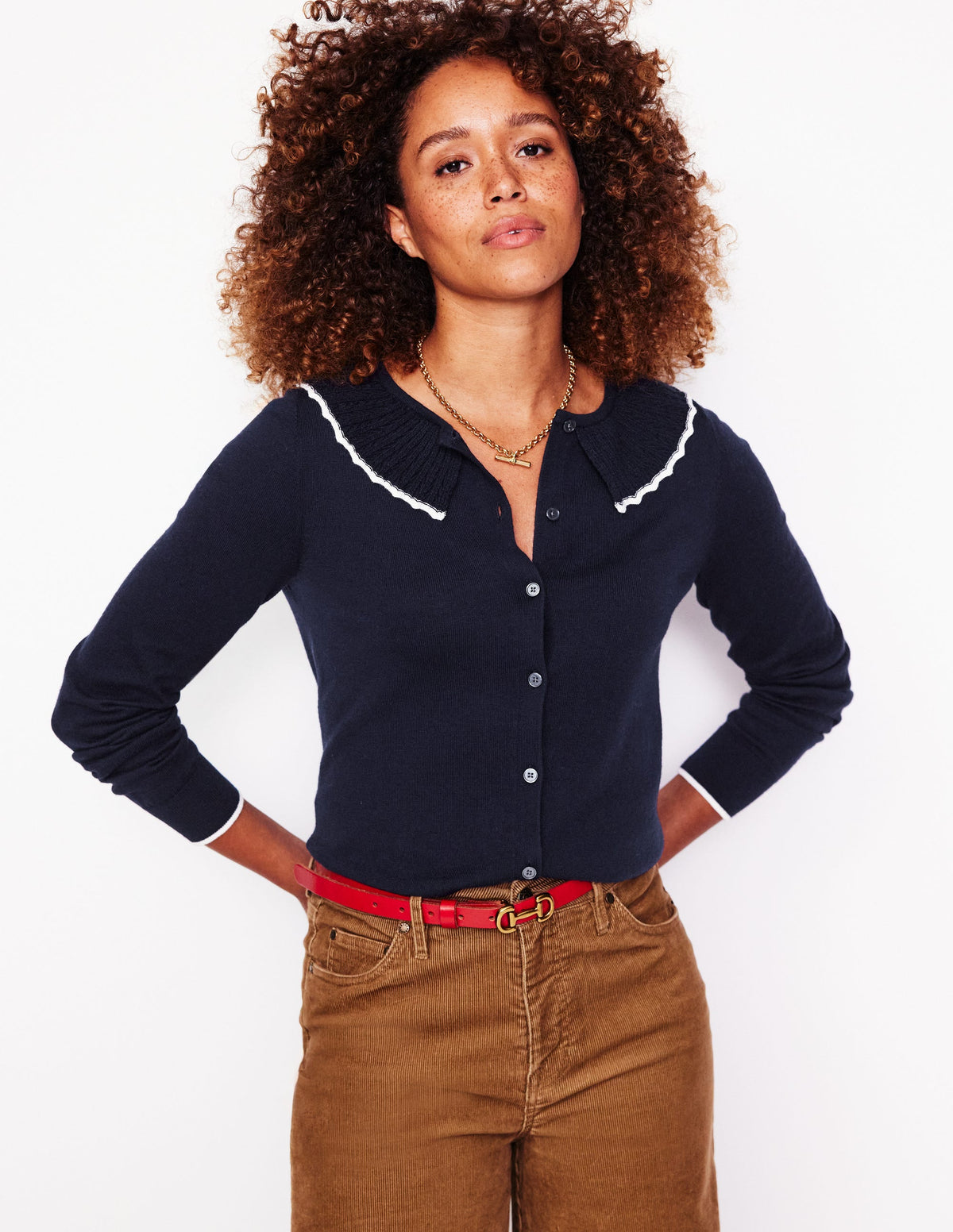 Frill Collared Cardigan-Navy - Image 1