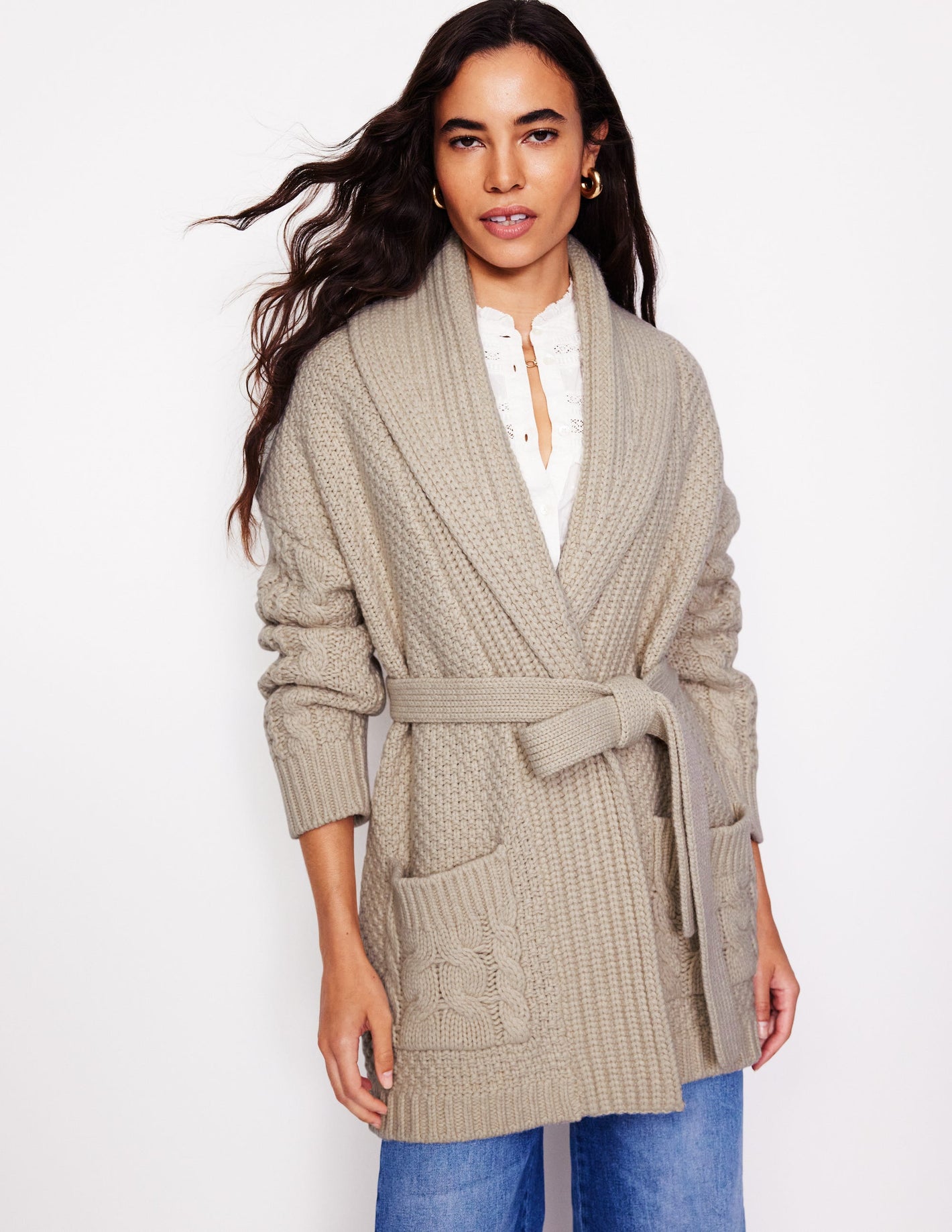 Cable Belted Cardigan-Shearling