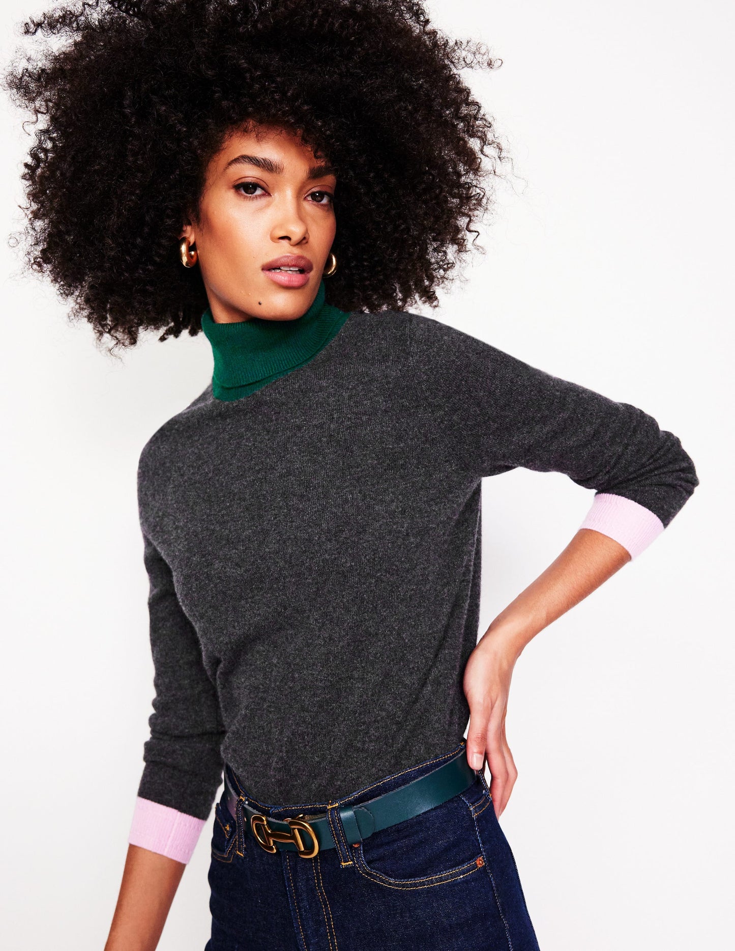 Eva Cashmere Roll Neck Sweater-Charcoal Melange, Colour Block