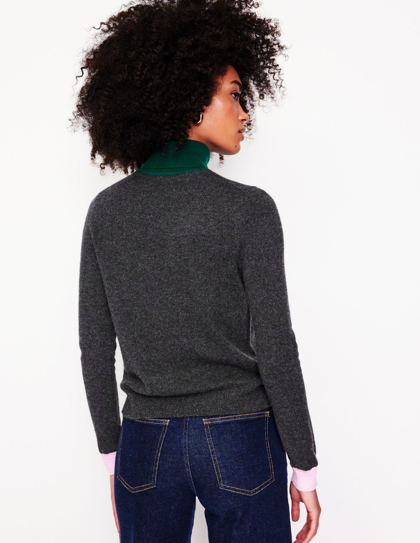 Eva Cashmere Roll Neck Sweater-Charcoal Melange, Colour Block