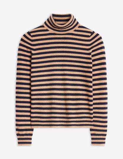 Eva Cashmere Roll Neck Sweater-Camel Melange, Navy