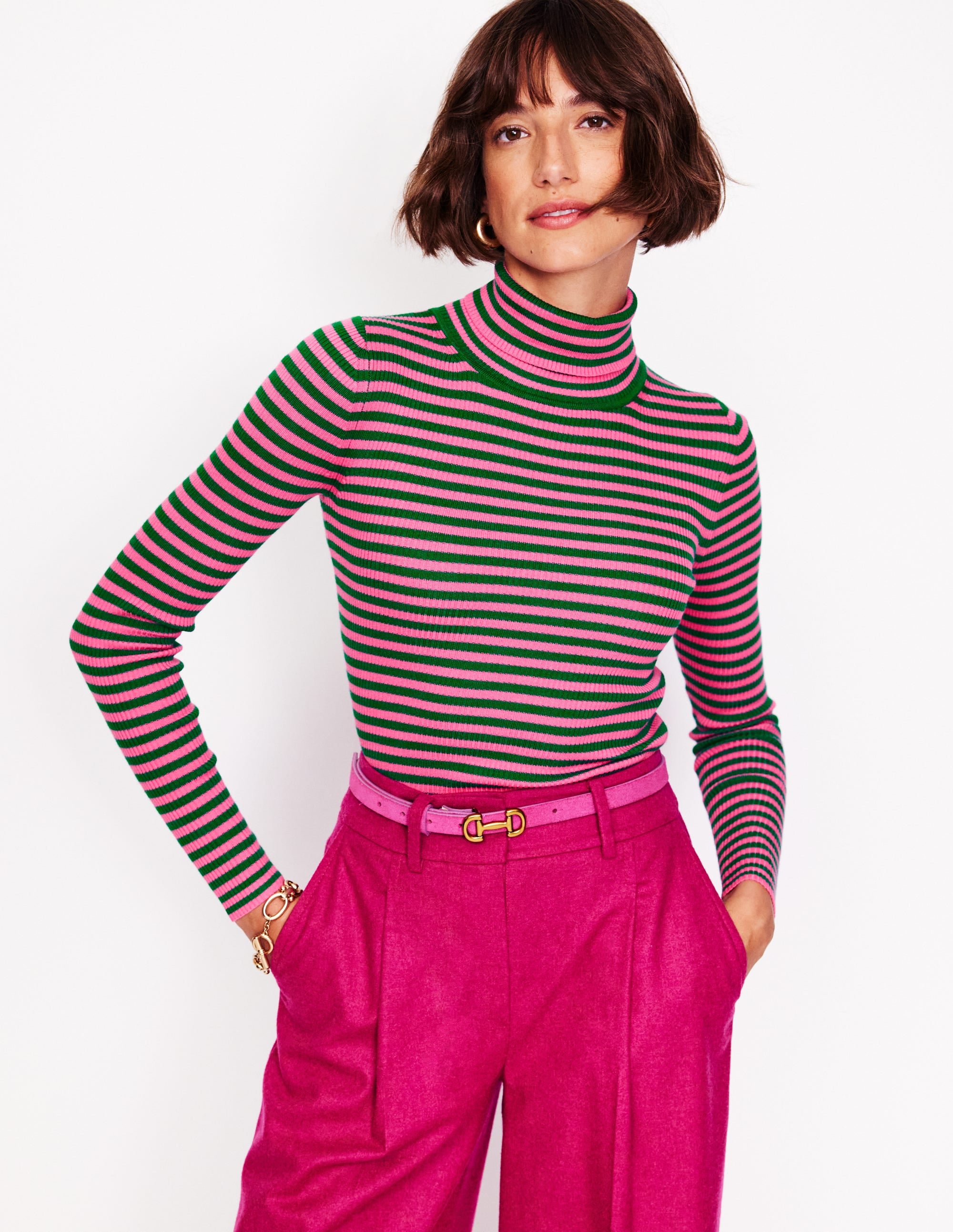 Catriona Roll Neck Jumper-Carmine Rose, Malachite Green - Image 1