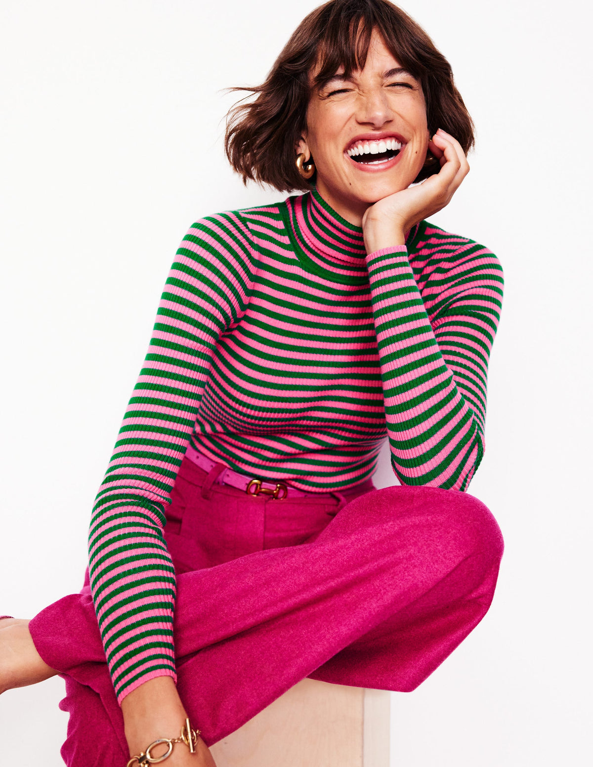 Catriona Roll Neck Jumper-Carmine Rose, Malachite Green - Image 4
