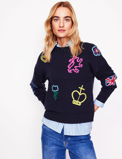 Novelty Embroidered Sweater-Navy, British Icons