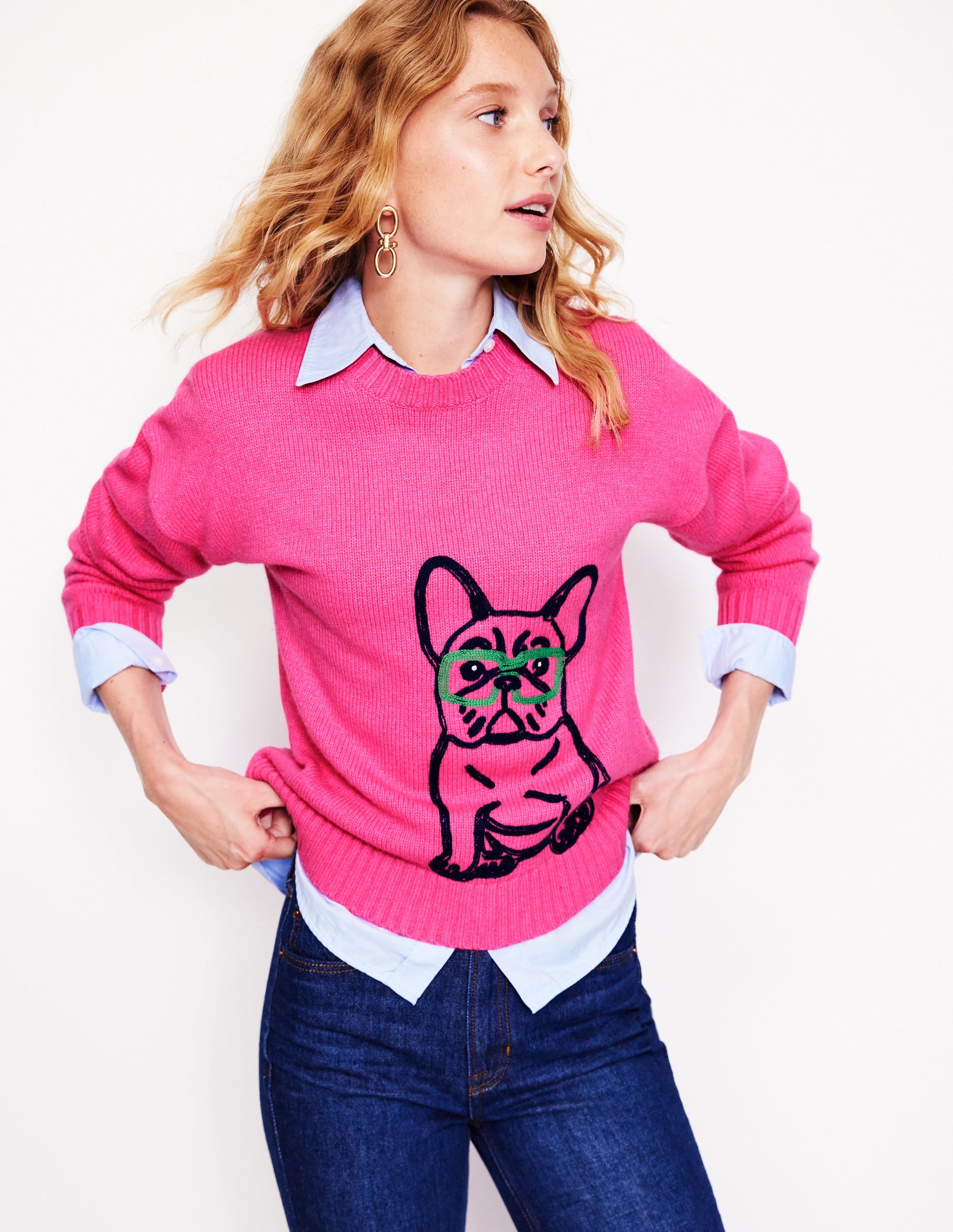 Natalie Embroidered Sweater-Party Pink, Bulldog - Image 1
