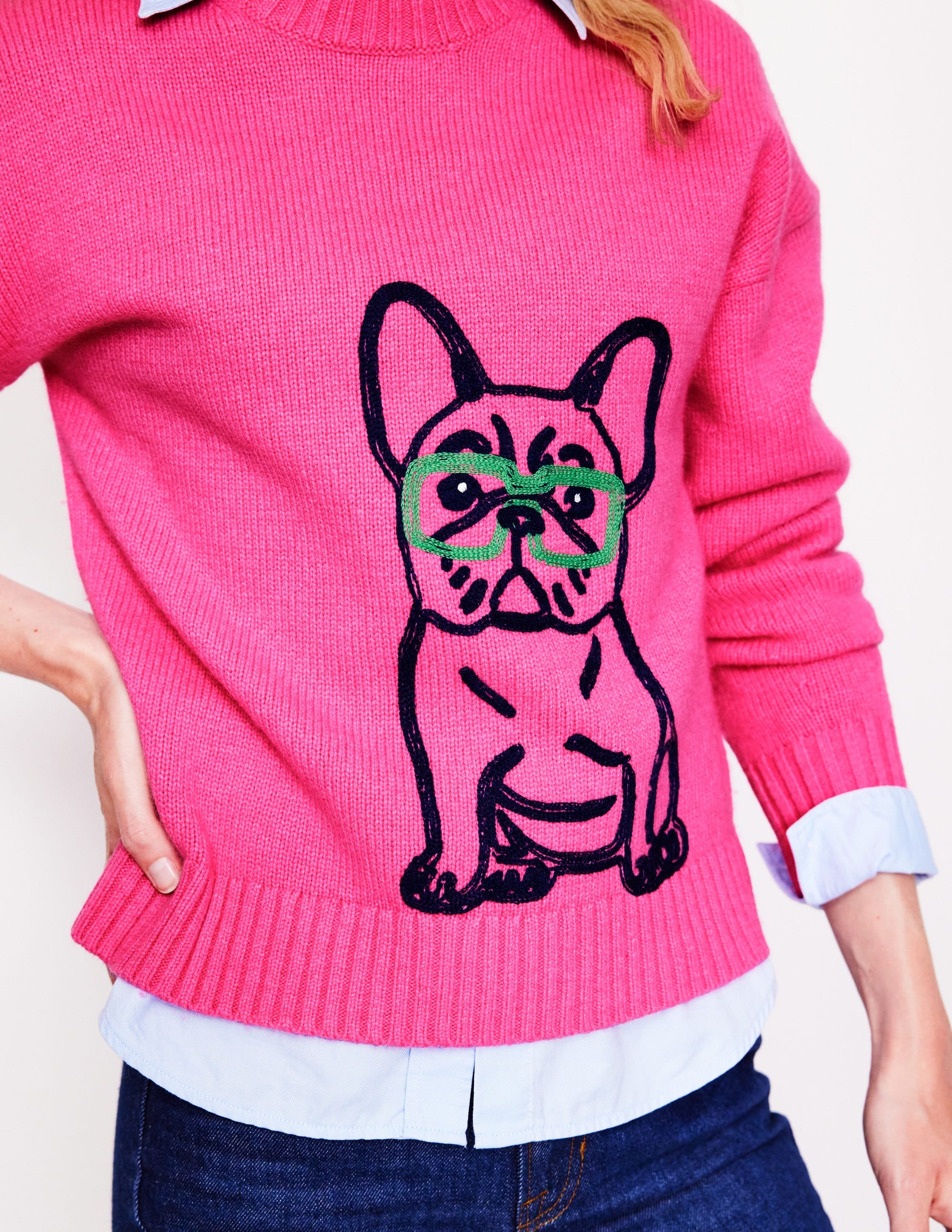 Natalie Embroidered Sweater-Party Pink, Bulldog - Image 2