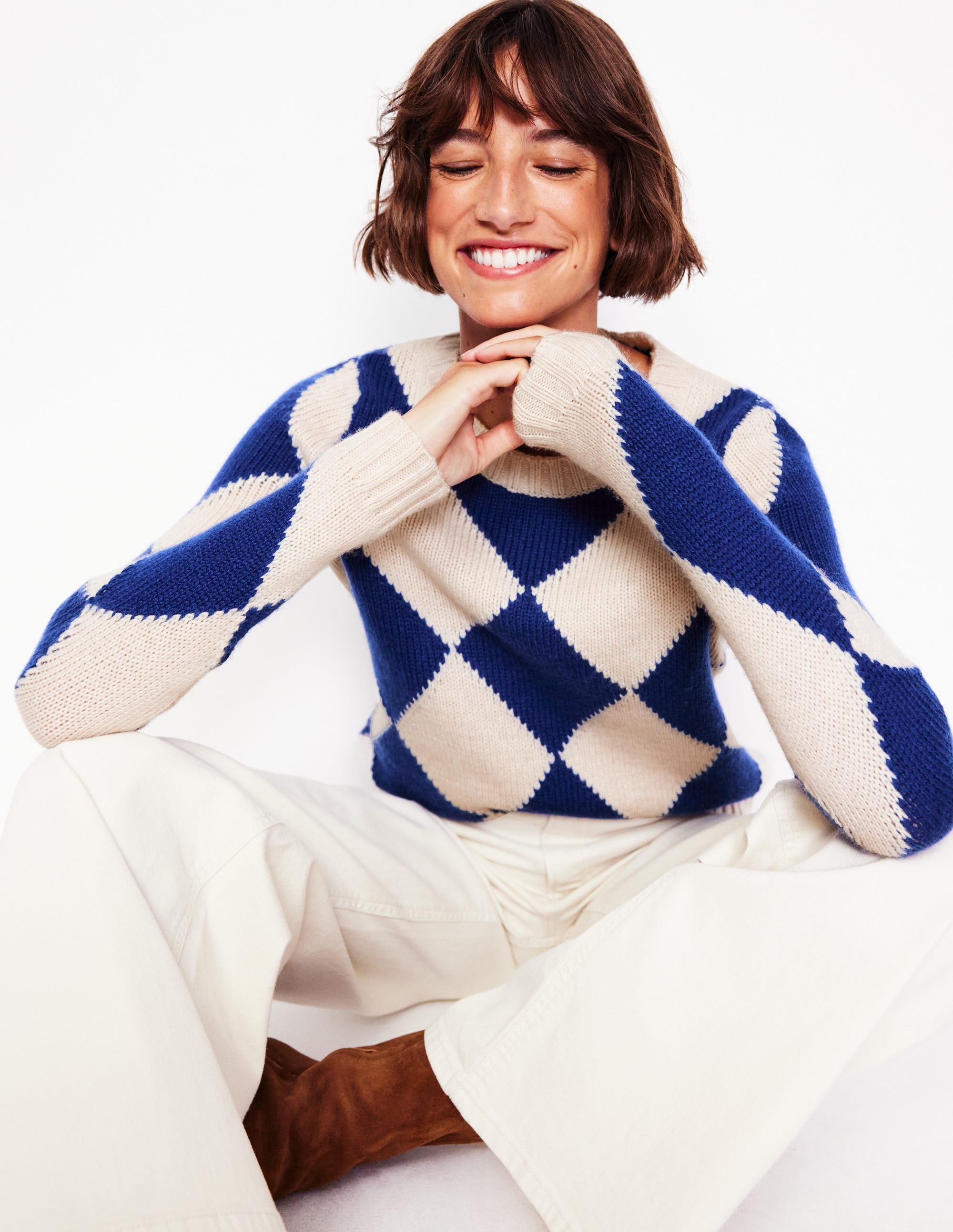 Argyle Crew Neck Sweater-Ecru Marl, Bright Blue - Image 1