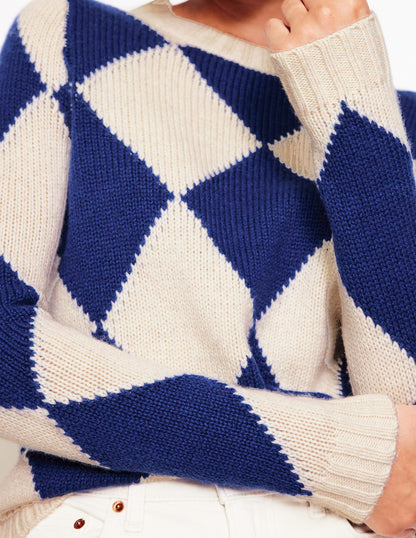 Argyle Crew Neck Sweater-Ecru Marl, Bright Blue