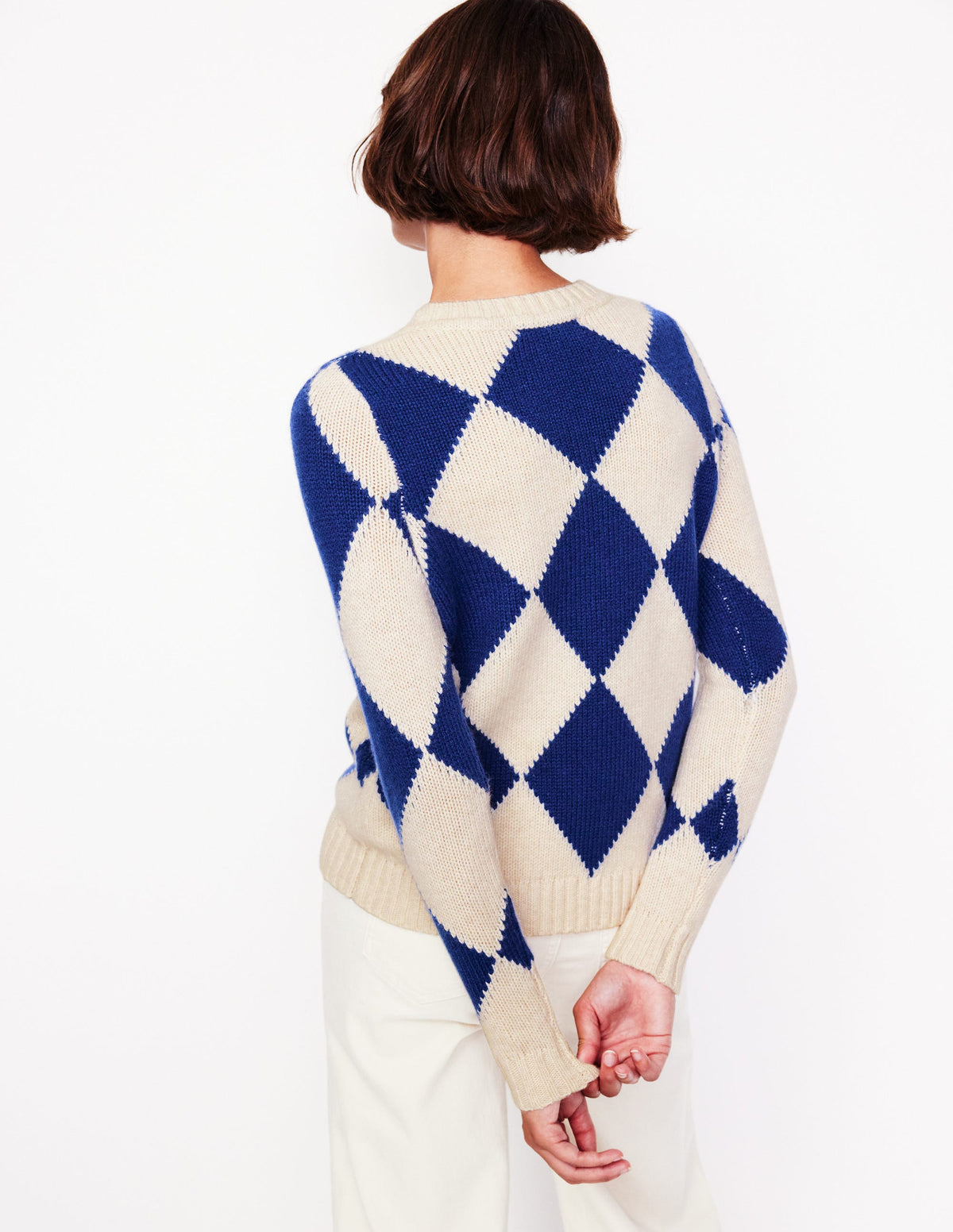 Argyle Crew Neck Sweater-Ecru Marl, Bright Blue - Image 3