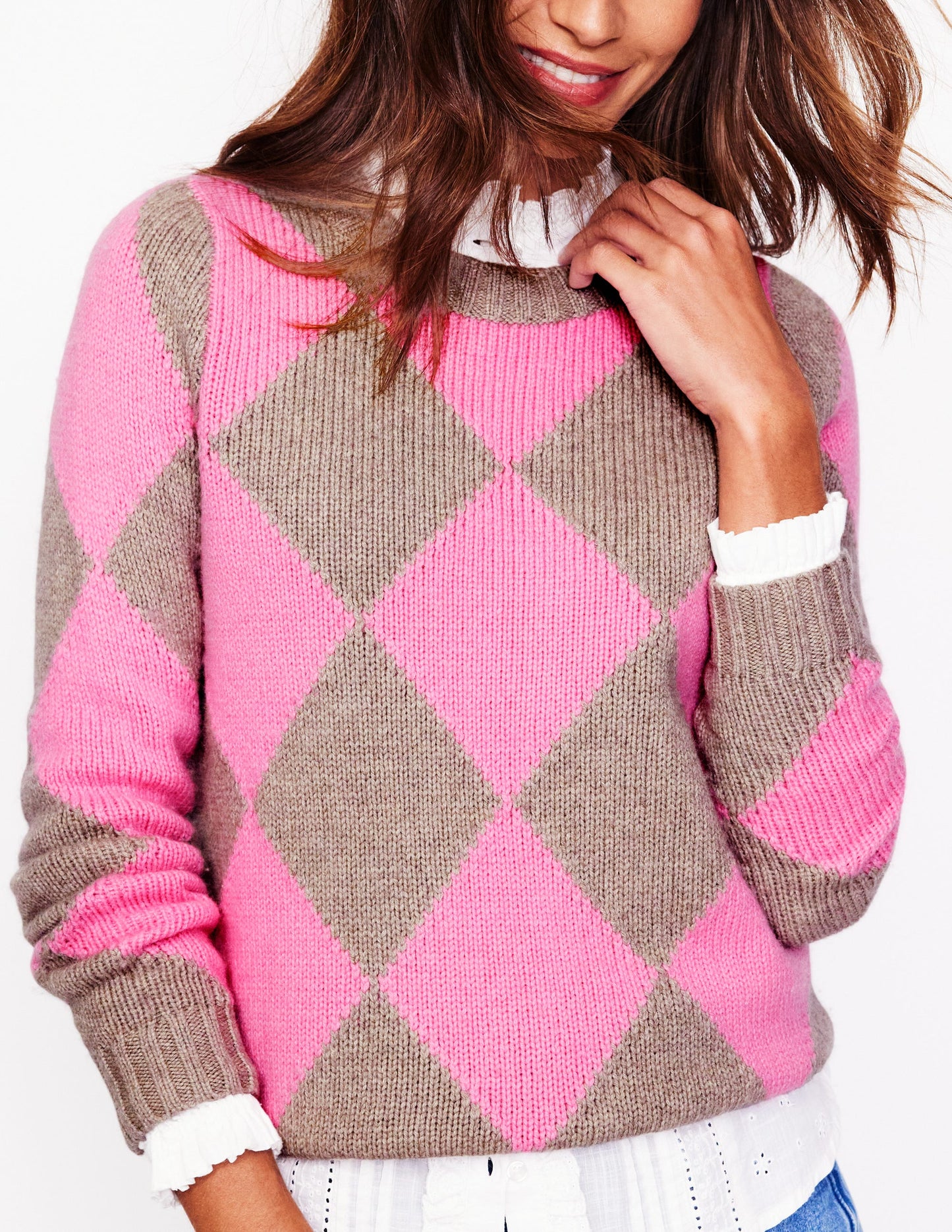 Argyle Crew Neck Sweater-Mink Melange, Pink