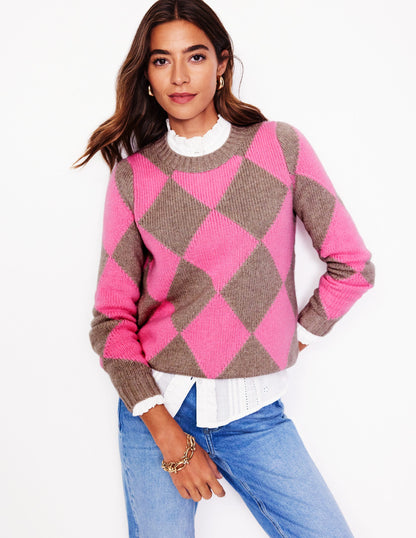 Argyle Crew Neck Sweater-Mink Melange, Pink