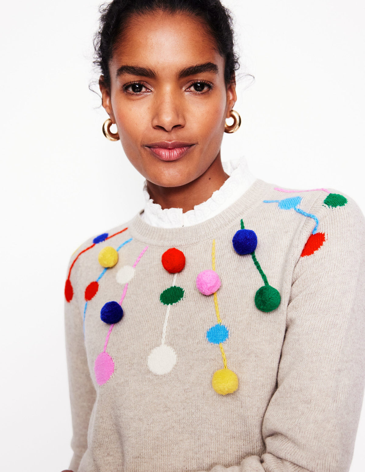 Pom Pom Jumper-Oatmeal, Multi Poms - Image 2