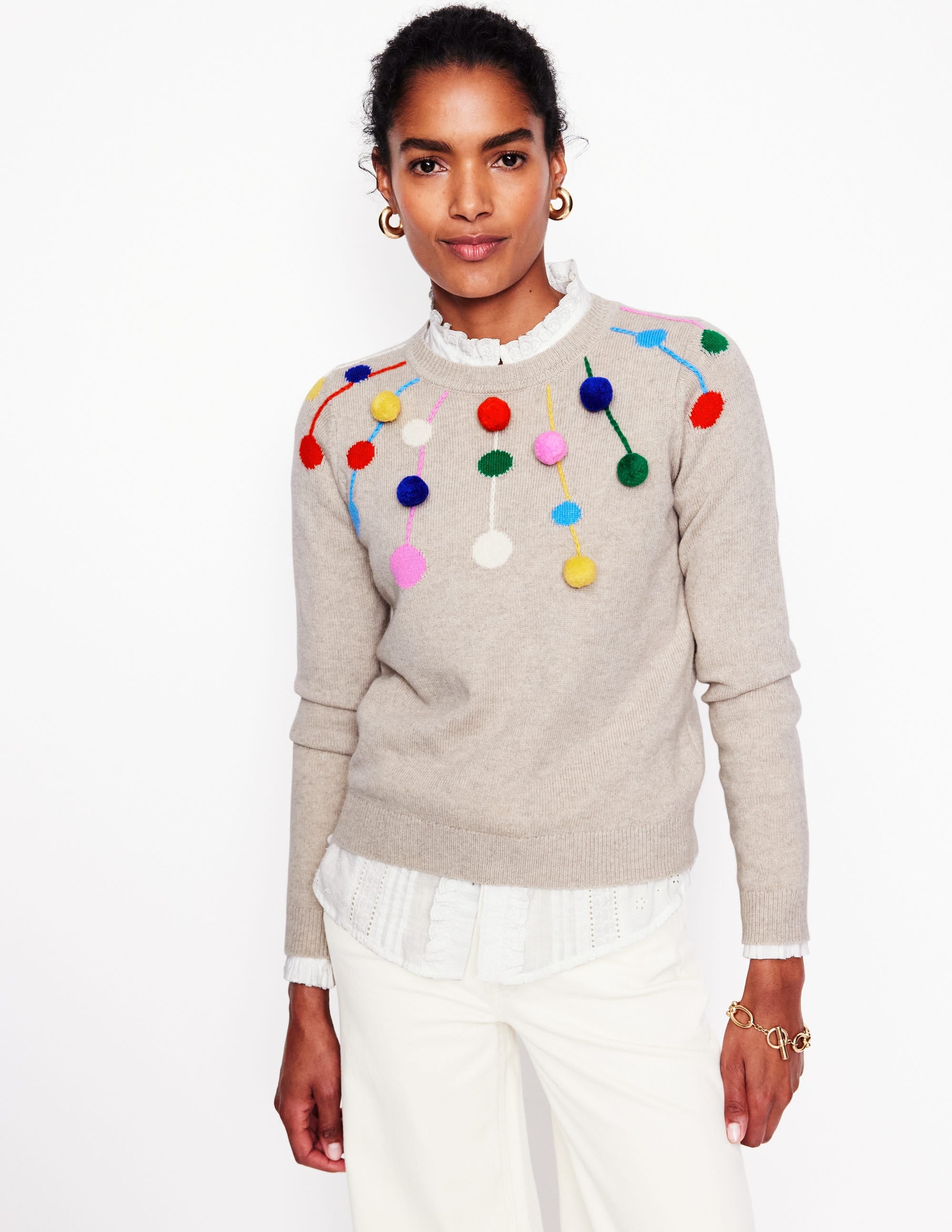 Pom Pom Jumper-Oatmeal, Multi Poms - Image 4