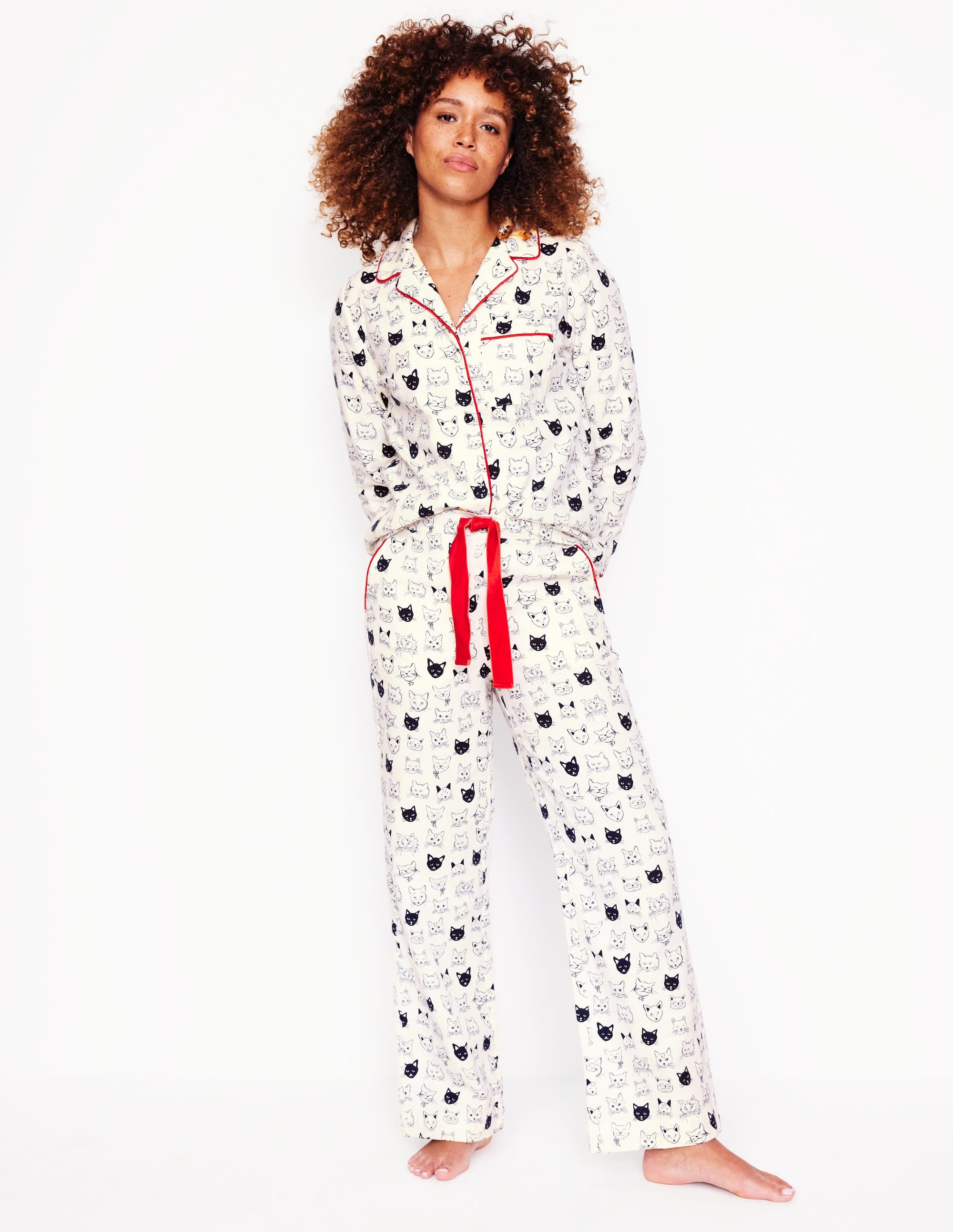 Brushed Cotton Pajama Pants-Ivory, Cats - Image 1