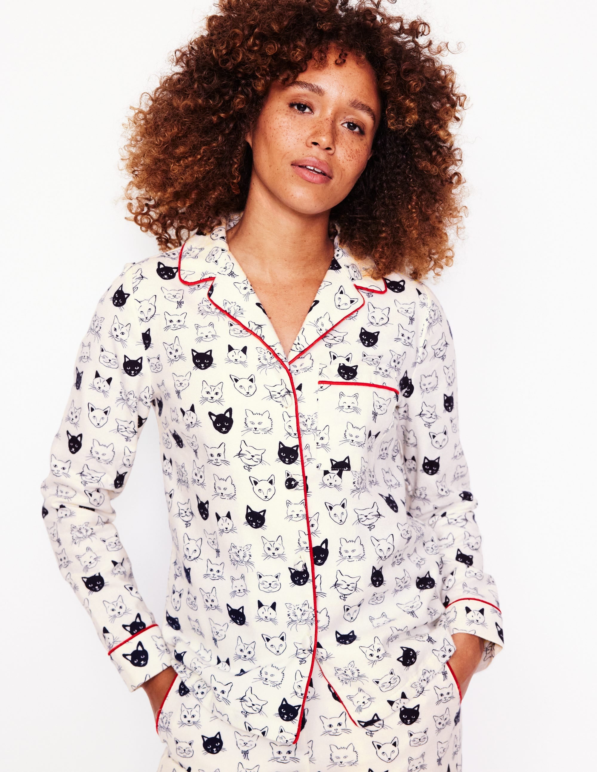 Brushed Cotton Pajama Shirt-Ivory, Cats - Image 1