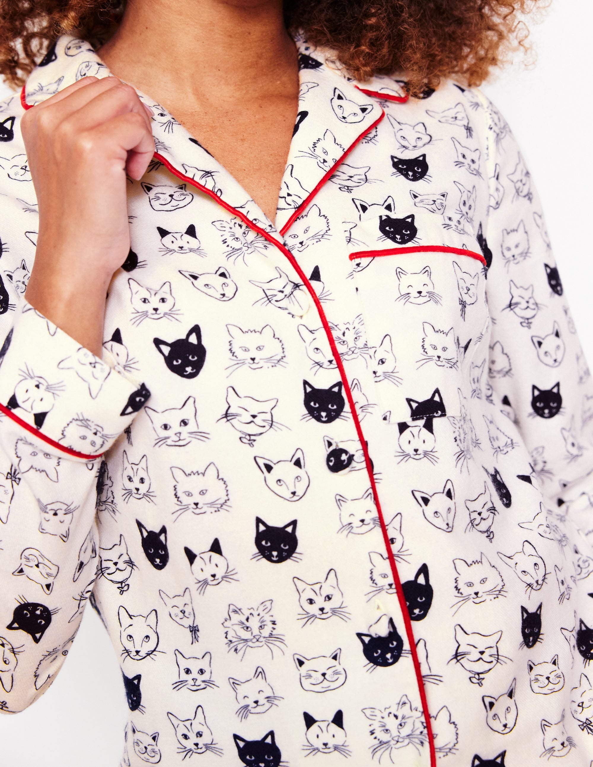 Brushed Cotton Pajama Shirt-Ivory, Cats - Image 2