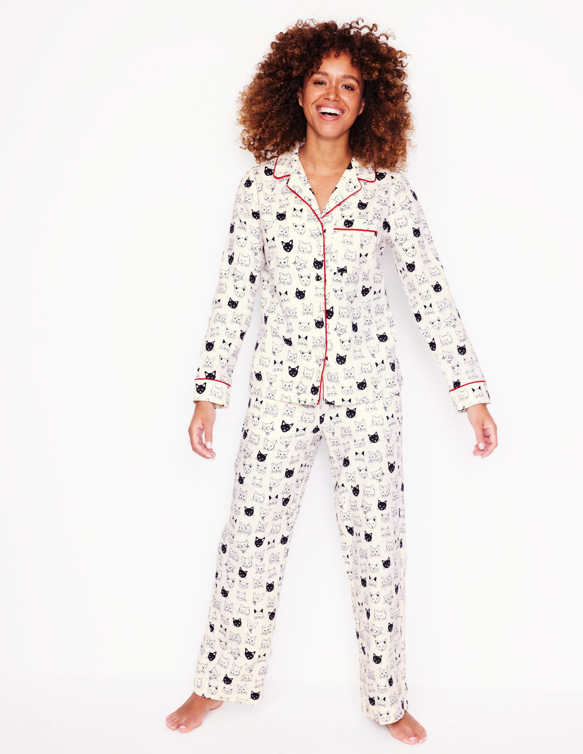 Brushed Cotton Pajama Shirt-Ivory, Cats - Image 4