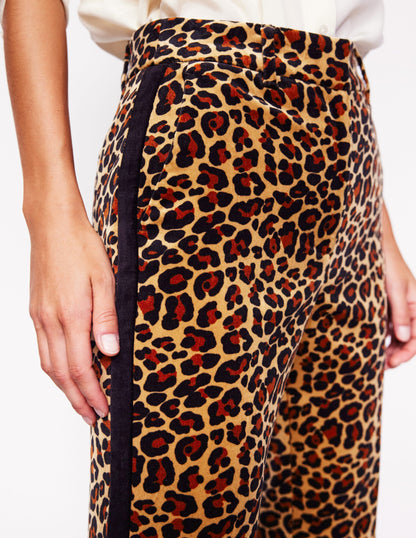 Kew Velvet Pants-Leopard, Black Side Stripe