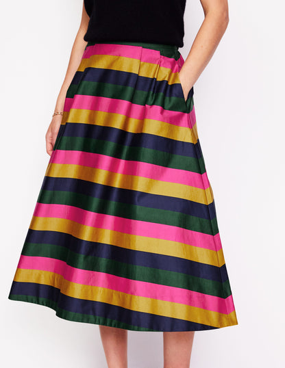 Isabella Cotton Sateen Skirt-Pine, Multi Stripe