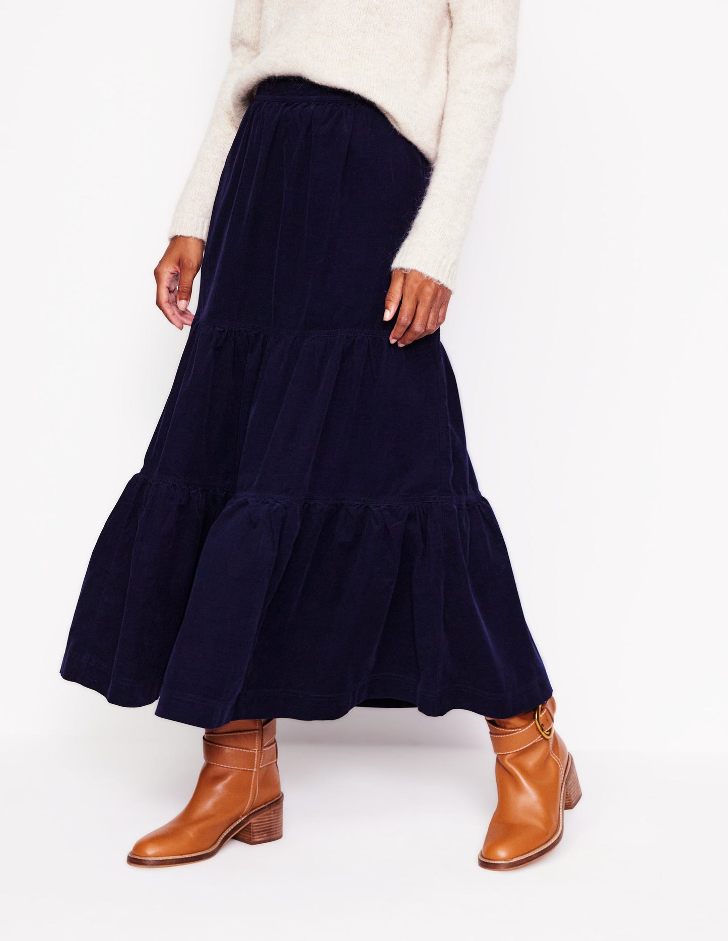 Viv Cord Tiered Maxi Skirt-Navy