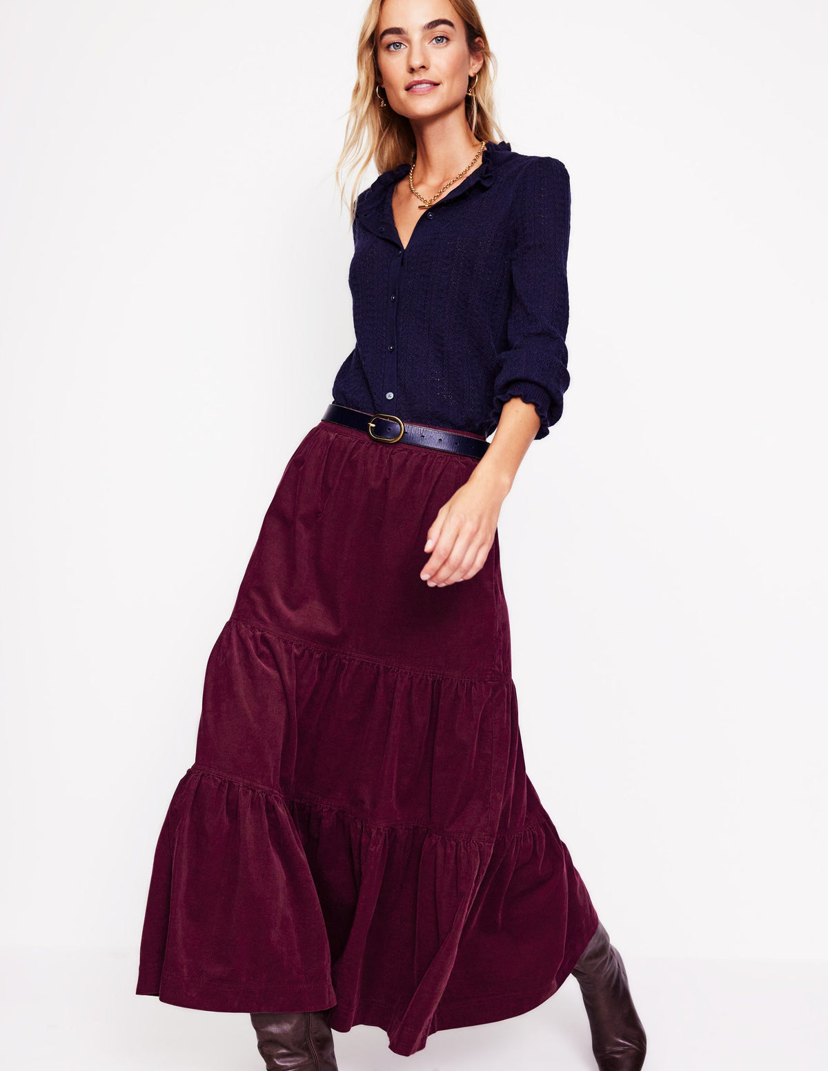 Viv Cord Tiered Maxi Skirt-Deep Wisteria - Image 1