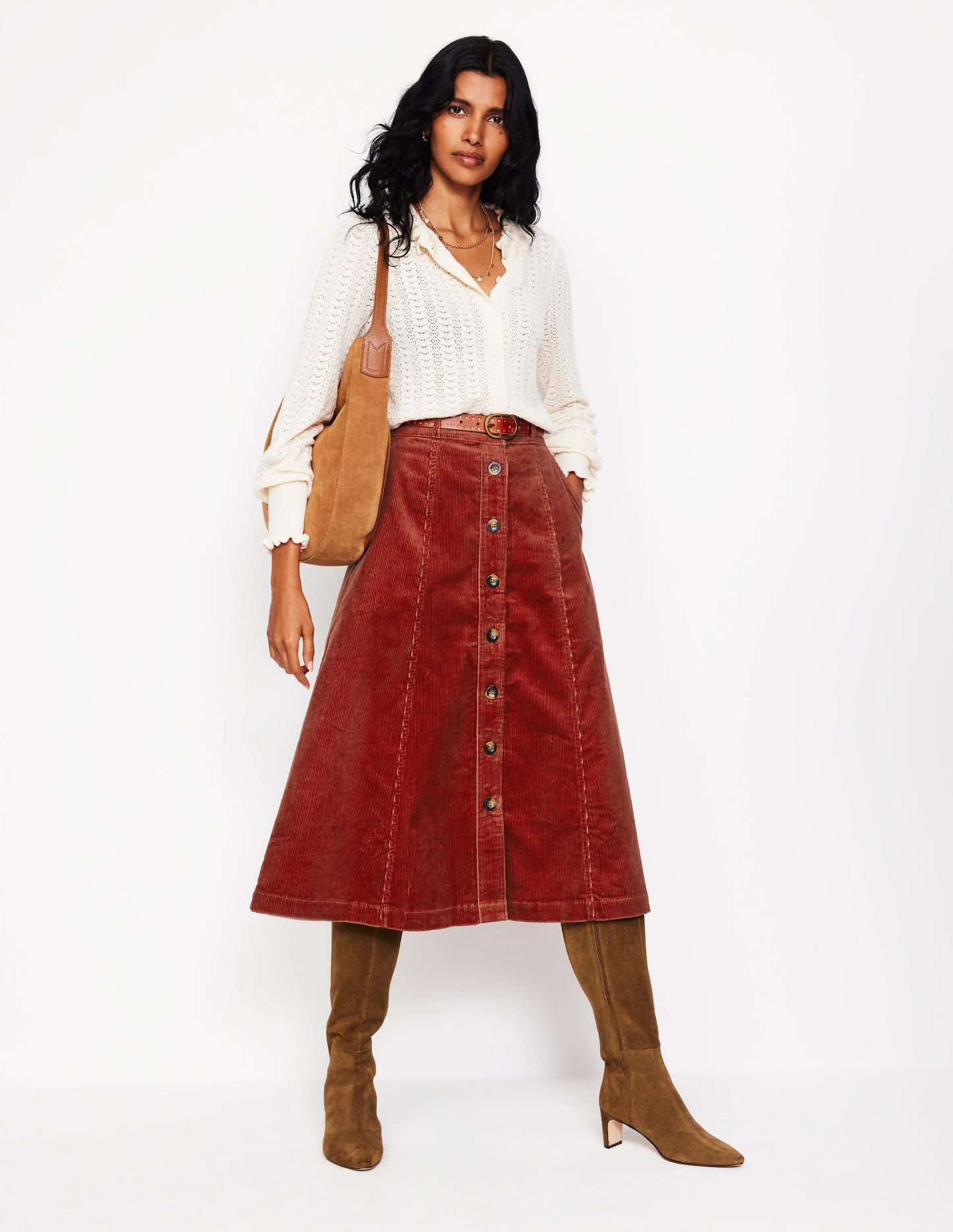 Davina Cord Midi Skirt-Rust