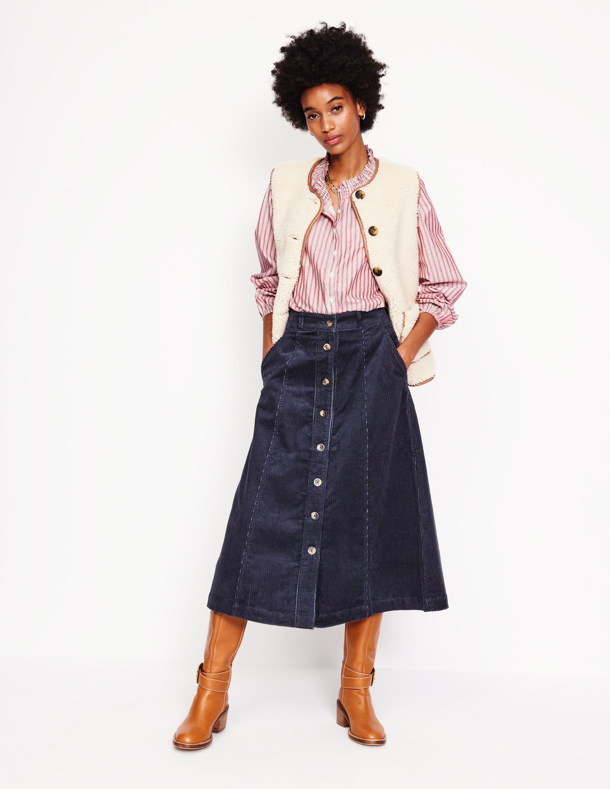 Petra Cord Midi Skirt-Navy - Image 1
