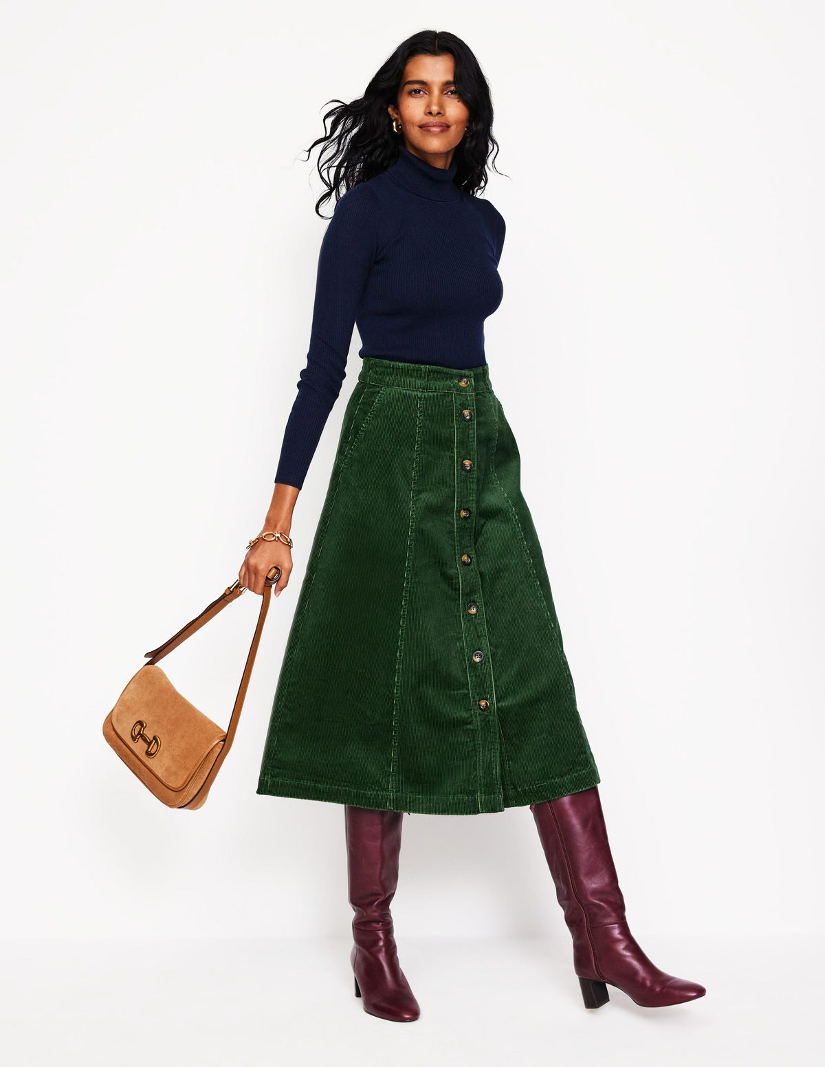 Davina Cord Midi Skirt-Winter Green - Image 1