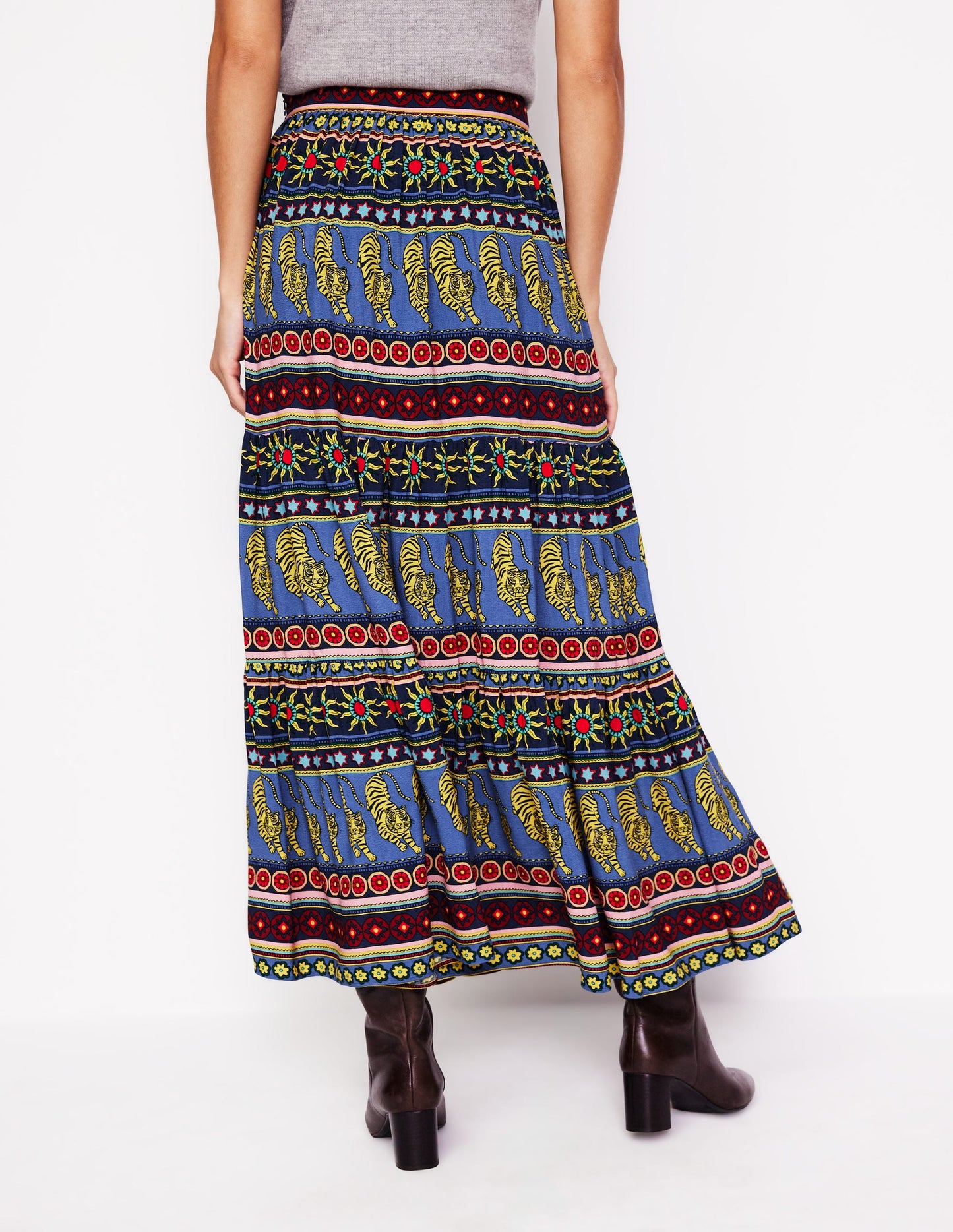 Viv Crepe Tiered Maxi Skirt-Denim Blue, Tiger Border