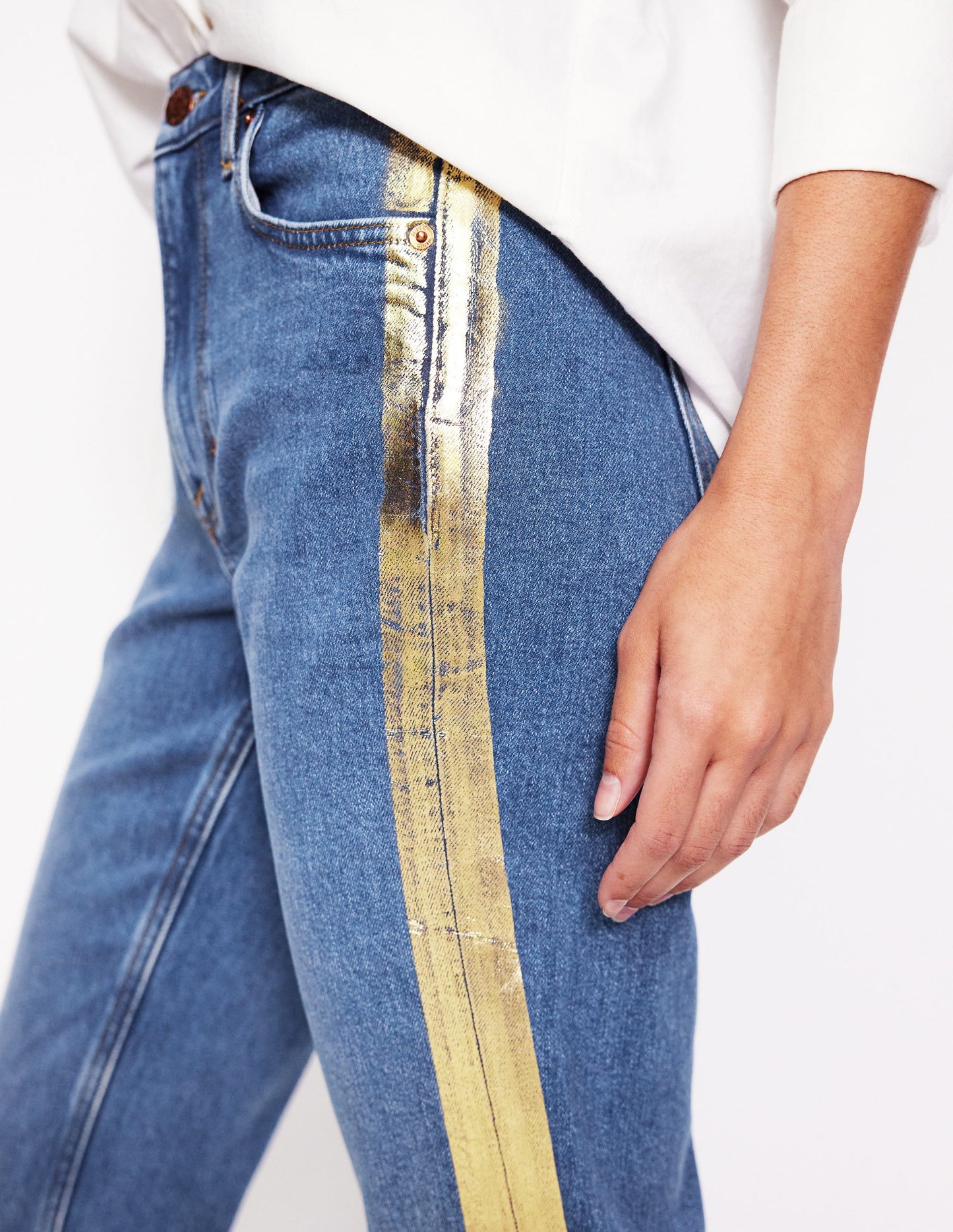 Girlfriend Jeans-Metallic Gold Side Stripe