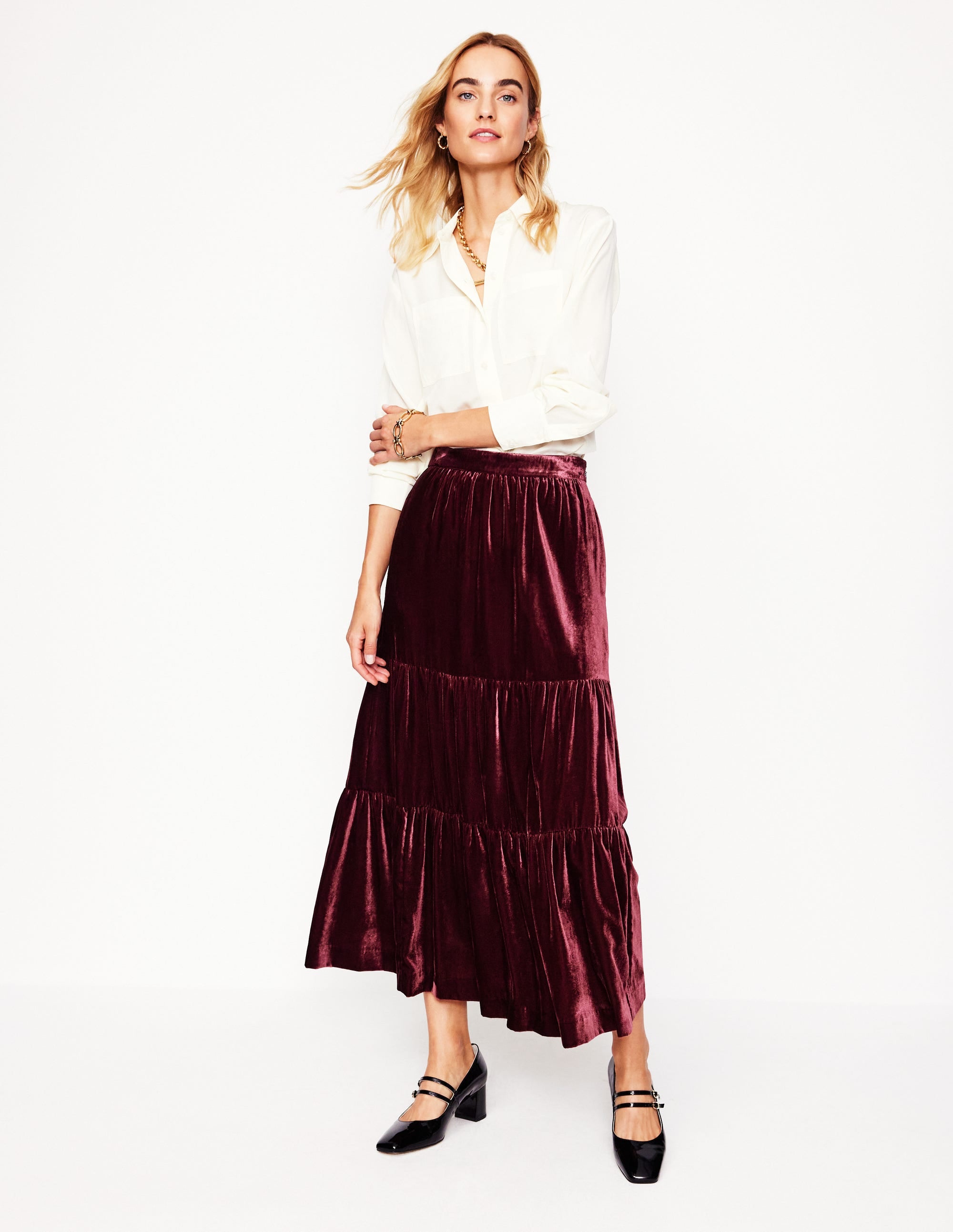Viv Velvet Tiered Maxi Skirt-Cabernet - Image 1