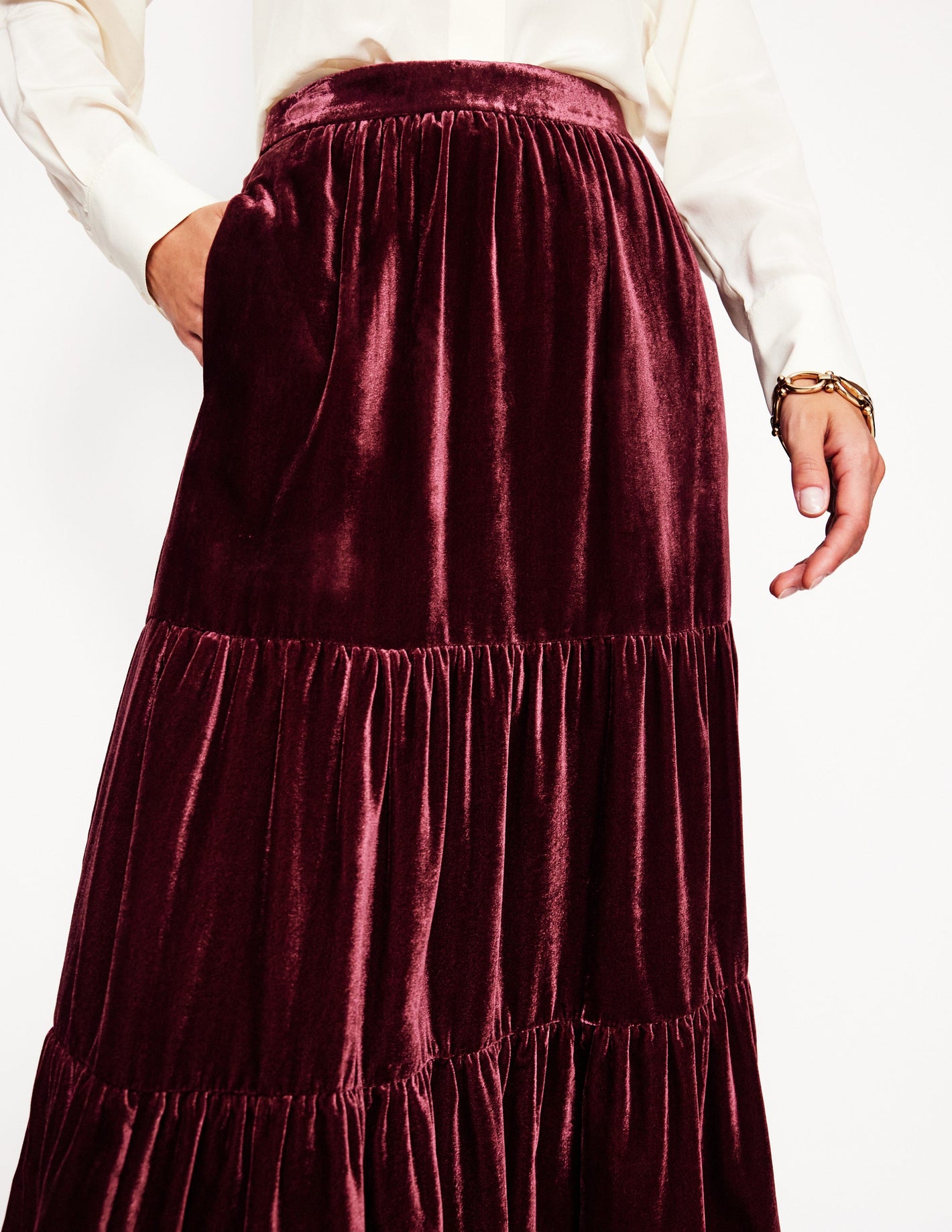 Viv Velvet Tiered Maxi Skirt-Cabernet