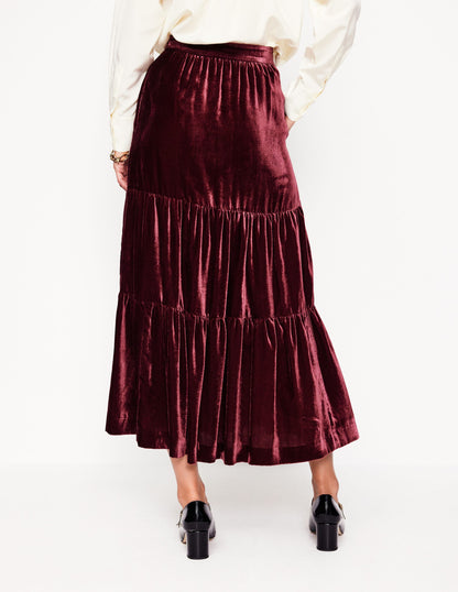 Viv Velvet Tiered Maxi Skirt-Cabernet