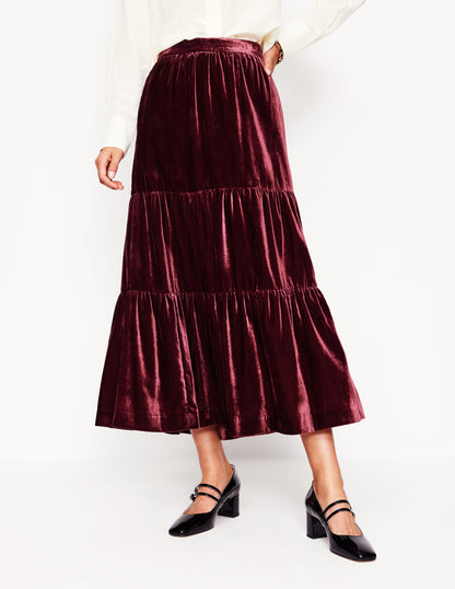 Viv Velvet Tiered Maxi Skirt-Cabernet