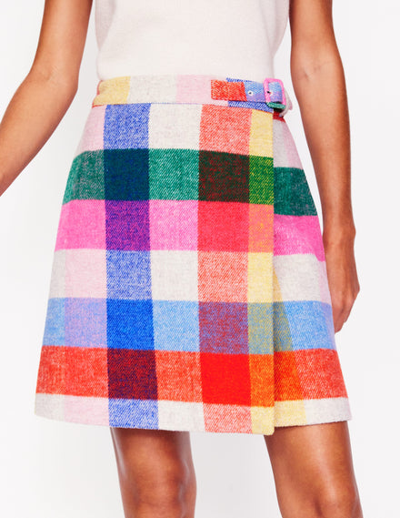 Clemence Wrap Short Skirt-Neon Multi Gingham