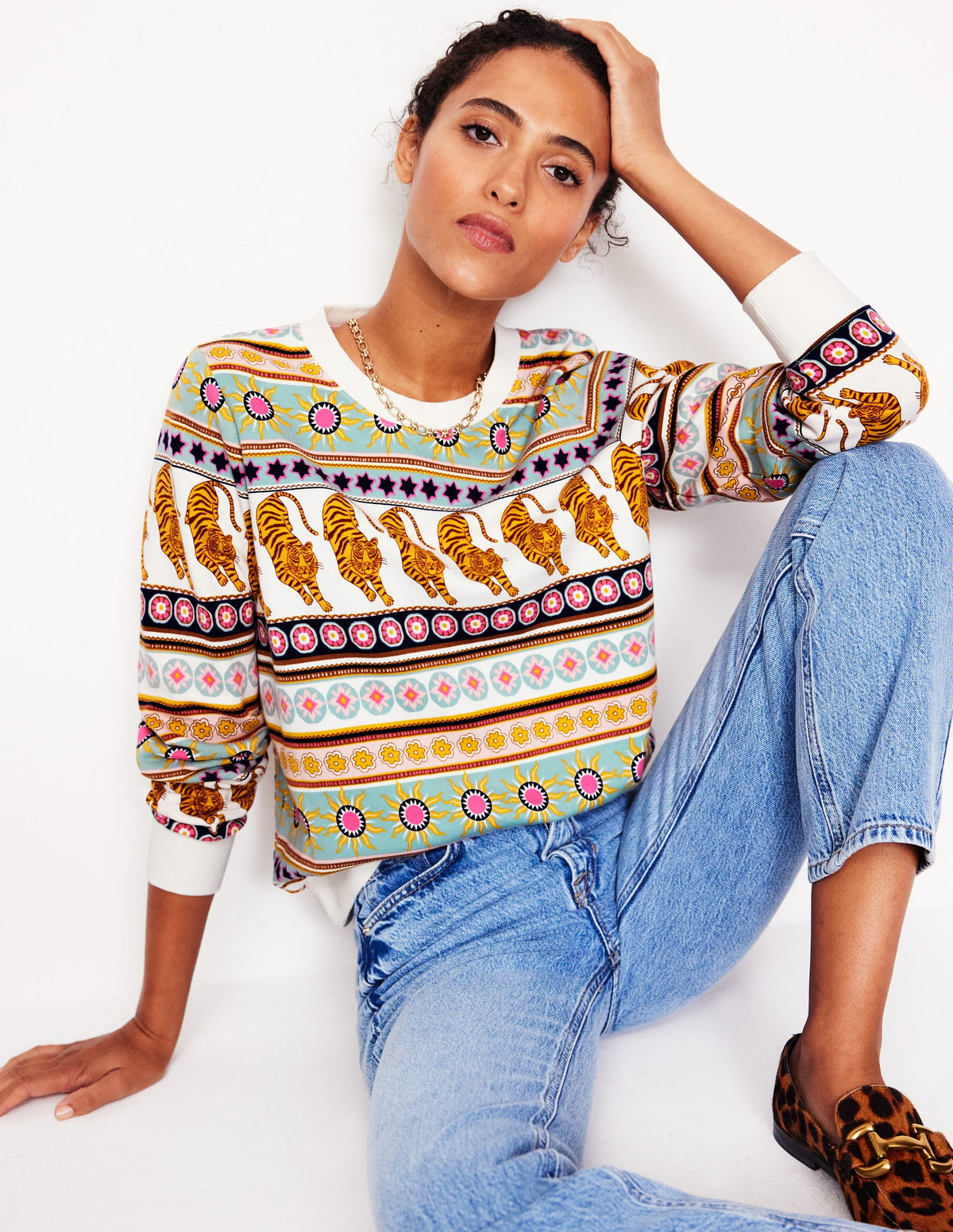 Hannah Printed Sweatshirt-Ivory, Tiger Border - Image 1