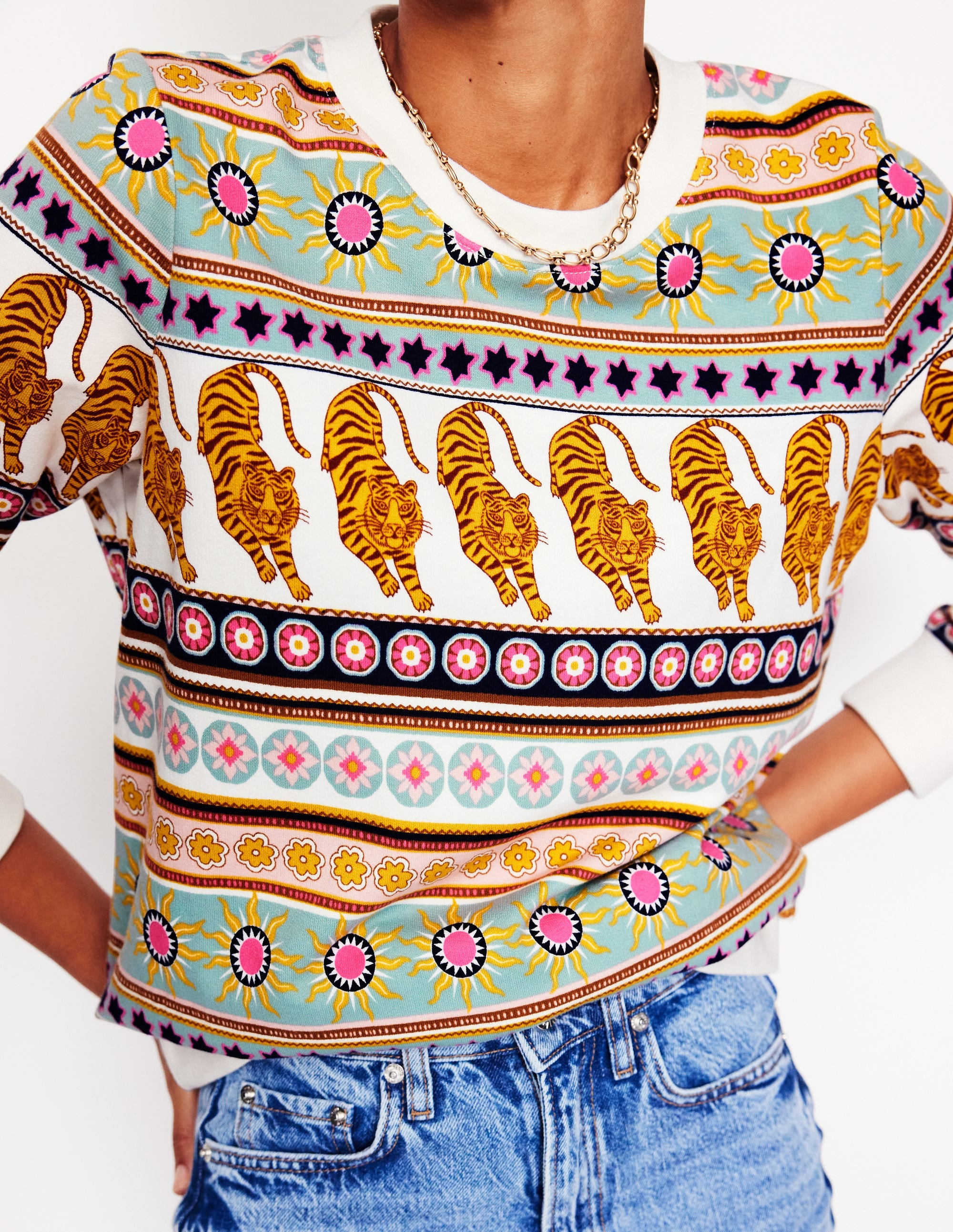 Hannah Printed Sweatshirt-Ivory, Tiger Border - Image 2