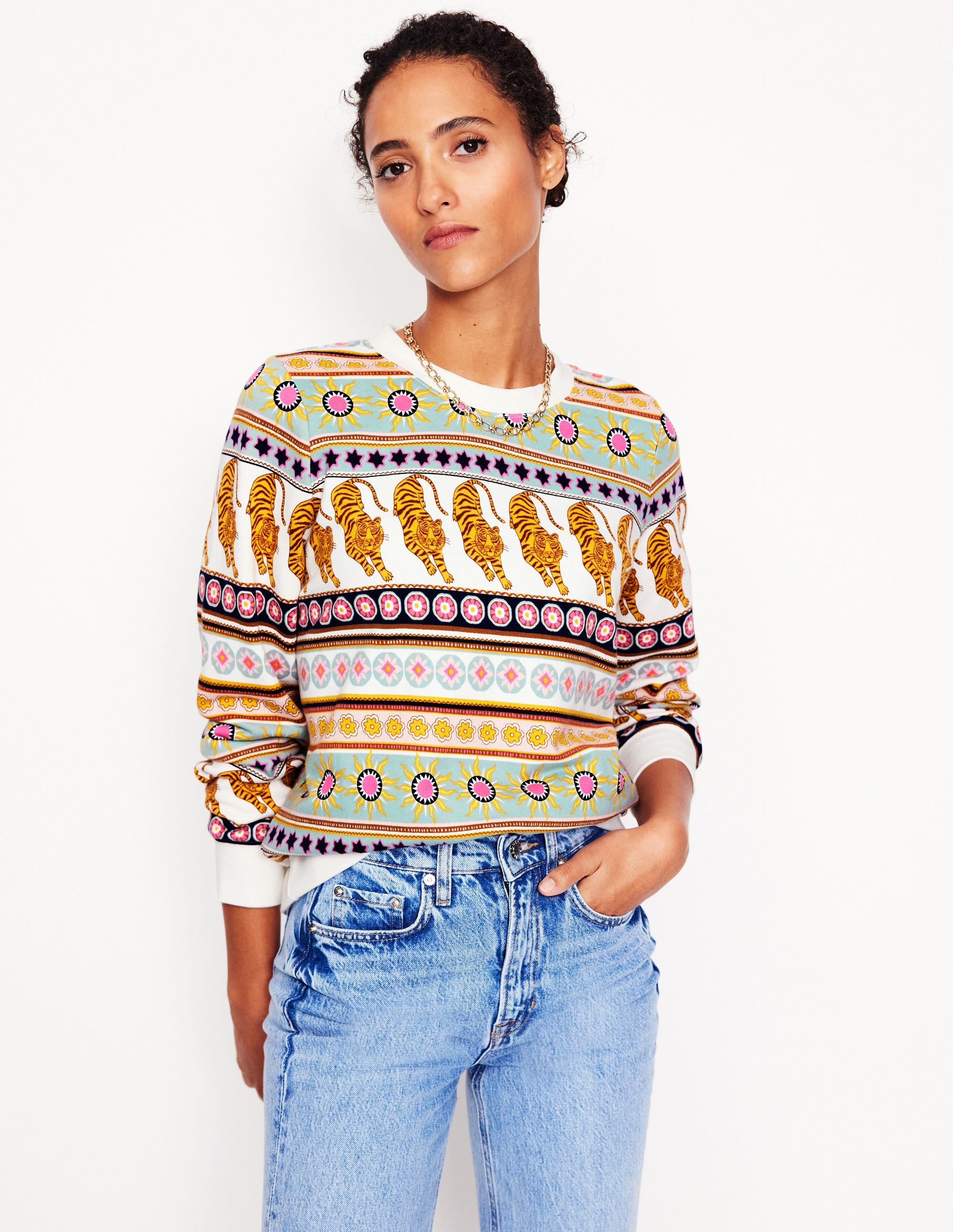 Hannah Printed Sweatshirt-Ivory, Tiger Border - Image 4